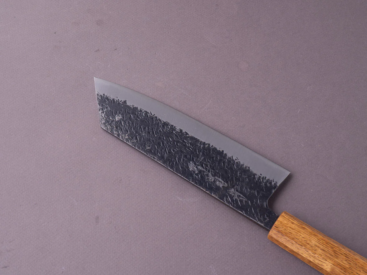 Sakai Kikumori - MK - Blue #2 - Kurouchi Tsuchime - Bunka - 180mm - Oak Handle - Image 4