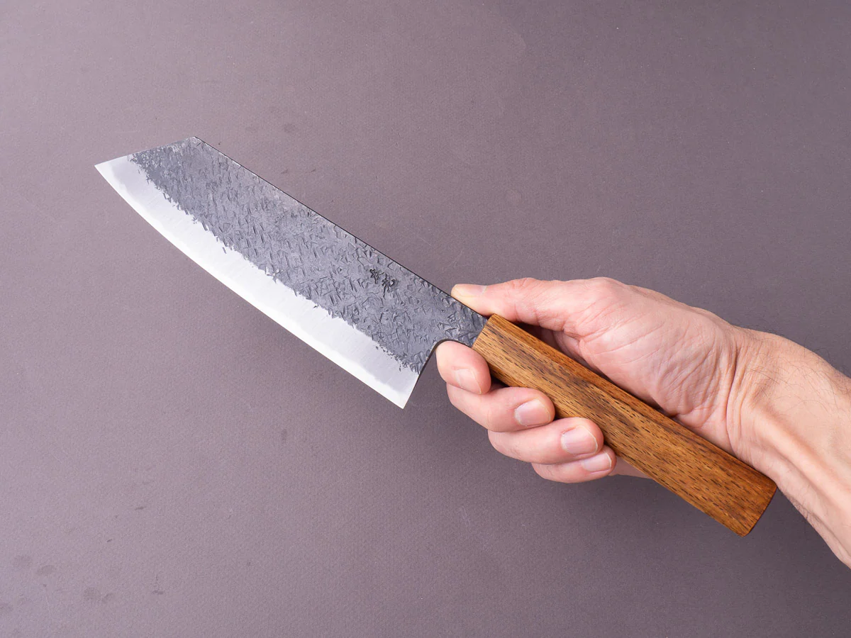 Sakai Kikumori - MK - Blue #2 - Kurouchi Tsuchime - Bunka - 180mm - Oak Handle - Image 6