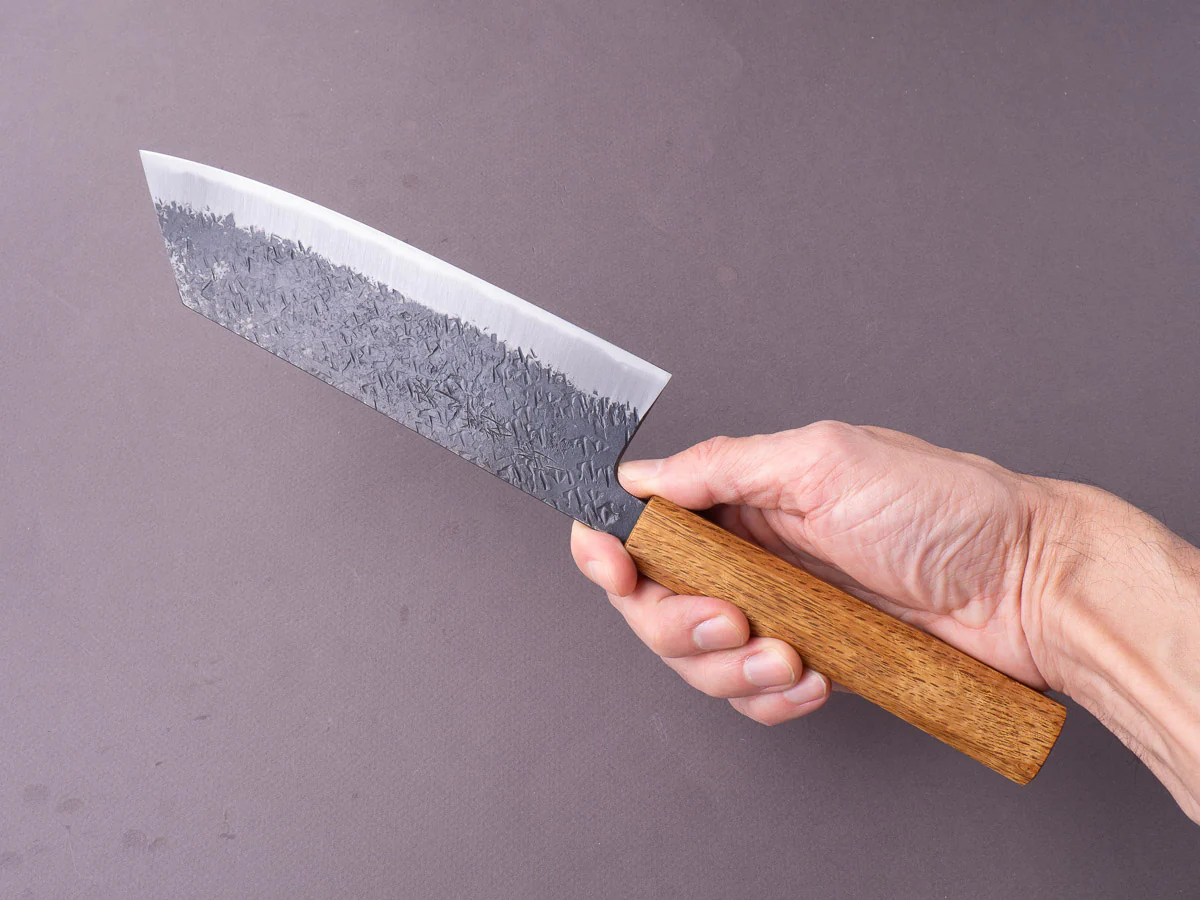 Sakai Kikumori - MK - Blue #2 - Kurouchi Tsuchime - Bunka - 180mm - Oak Handle - Image 7