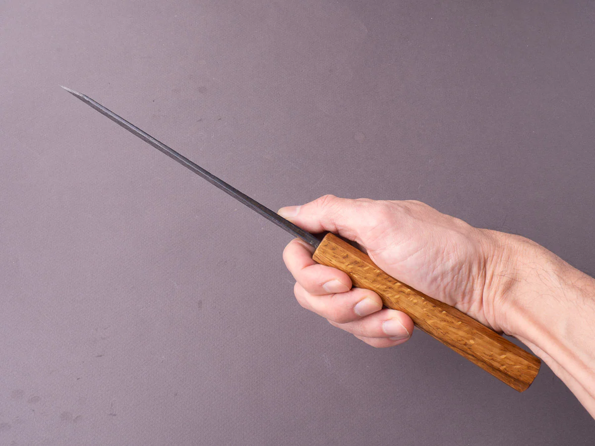 Sakai Kikumori - MK - Blue #2 - Kurouchi Tsuchime - Bunka - 180mm - Oak Handle - Image 8