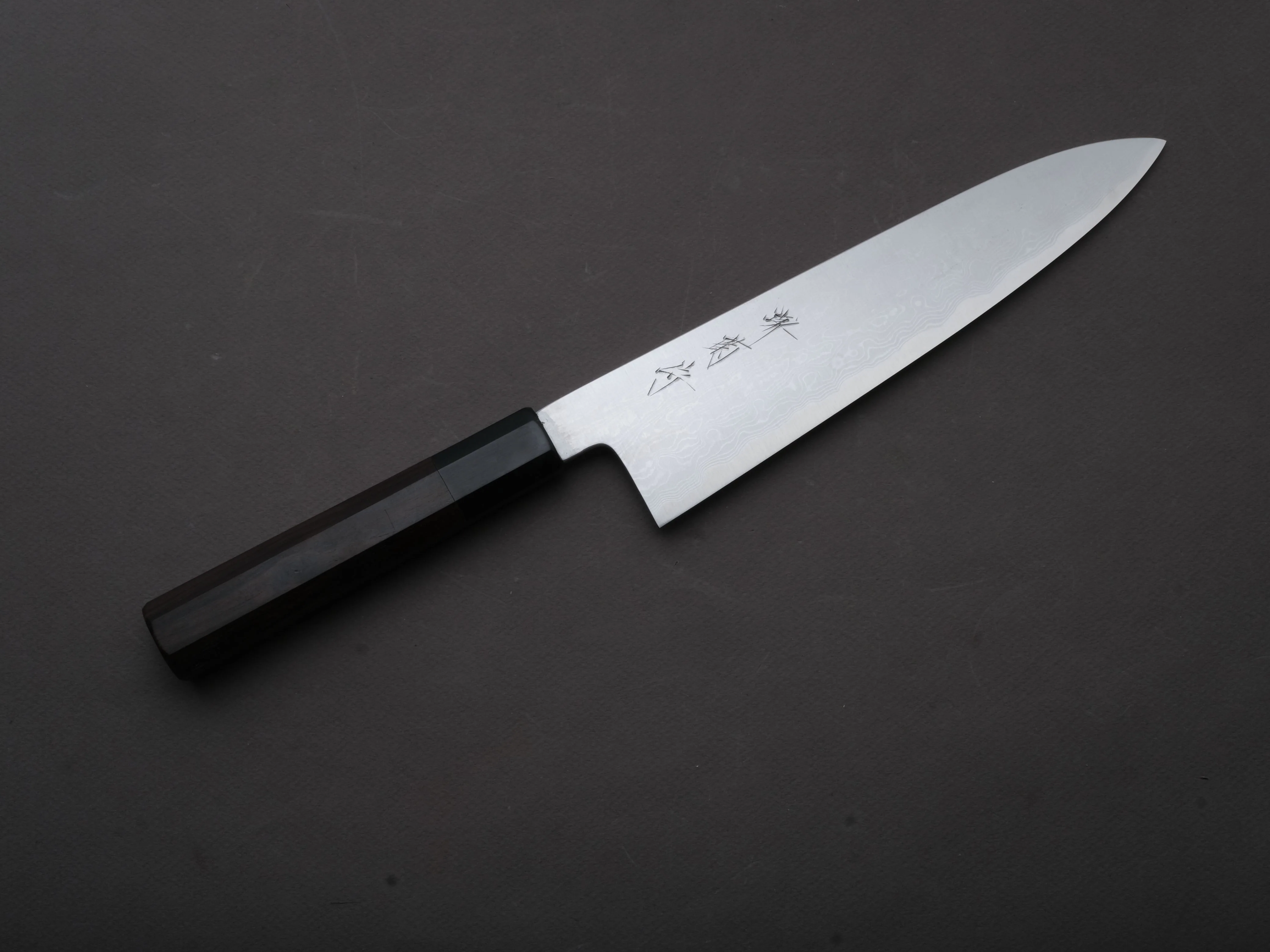 Sakai Kikumori - Nakagawa - Blue #1 Damascus - 180mm Santoku - Ebony Handle
