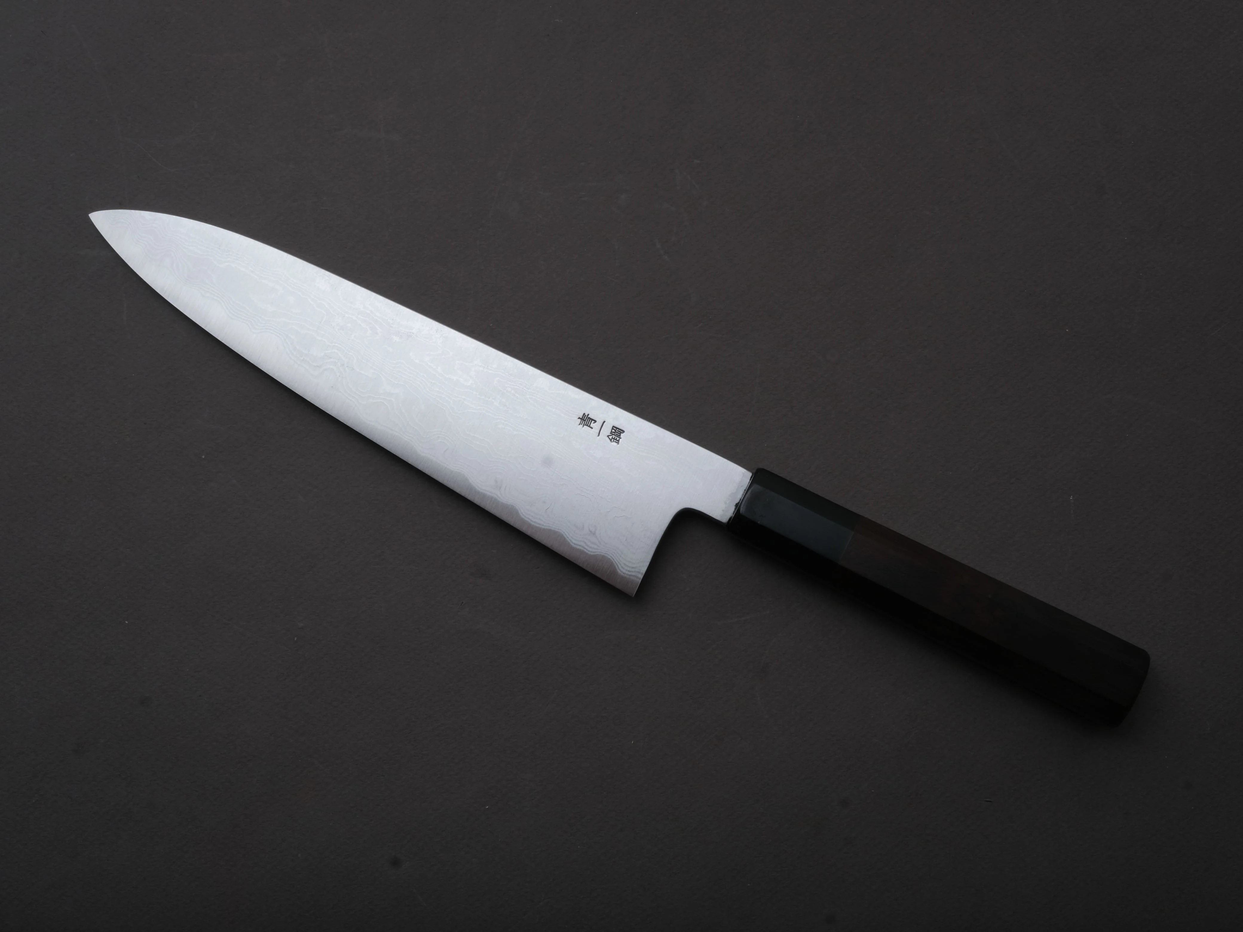 Sakai Kikumori - Nakagawa - Blue #1 Damascus - 180mm Santoku - Ebony Handle - Image 2