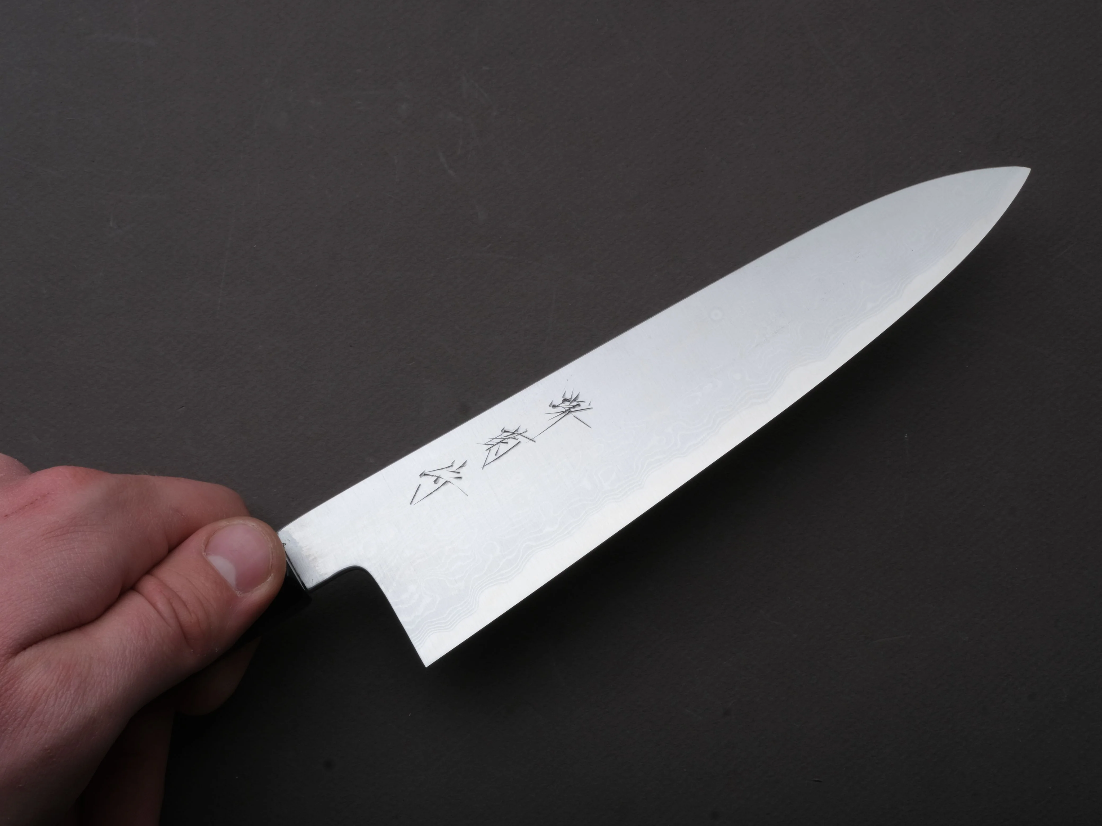 Sakai Kikumori - Nakagawa - Blue #1 Damascus - 180mm Santoku - Ebony Handle - Image 3