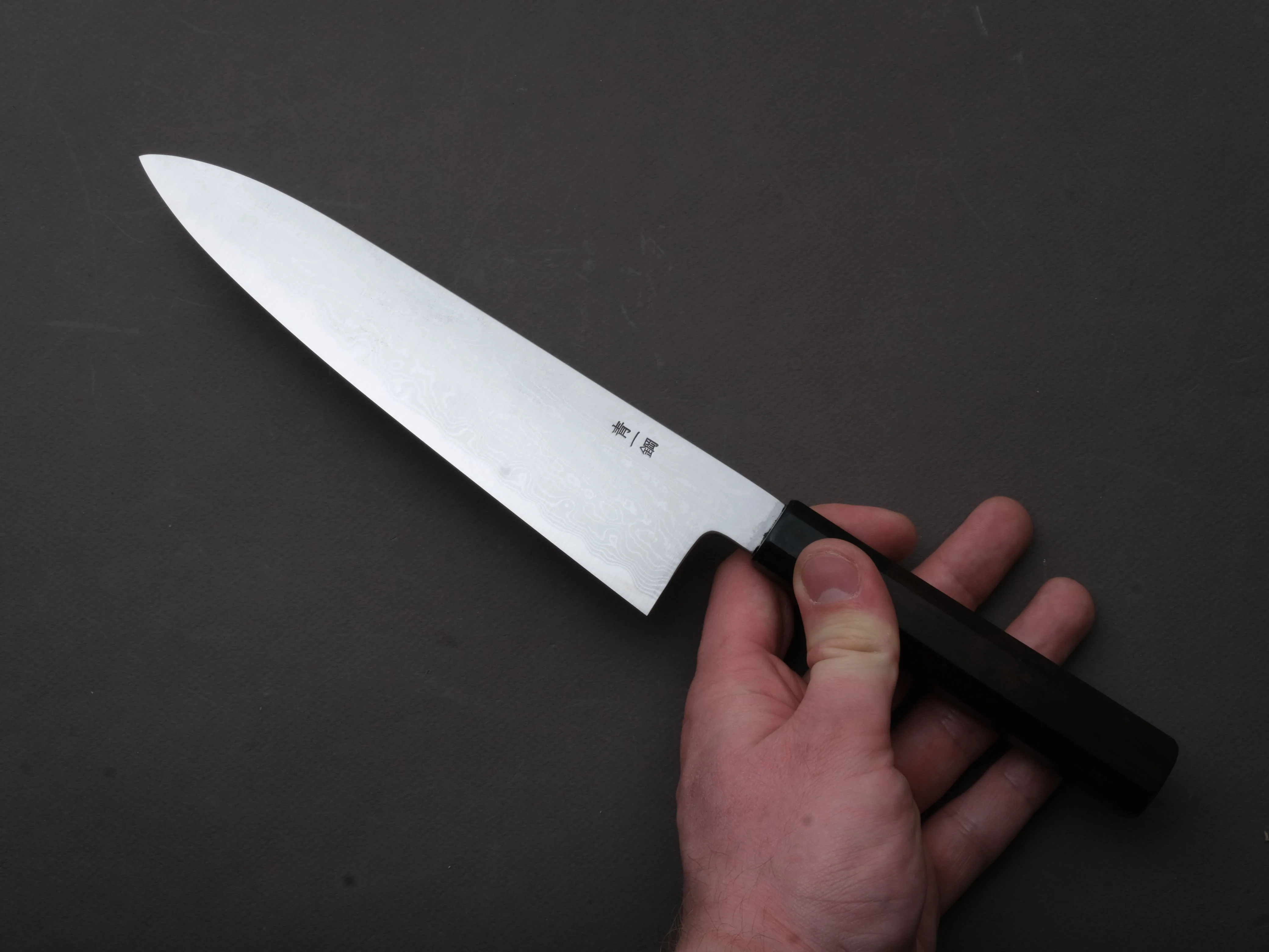 Sakai Kikumori - Nakagawa - Blue #1 Damascus - 210mm Gyuto - Ebony Handle - Image 4