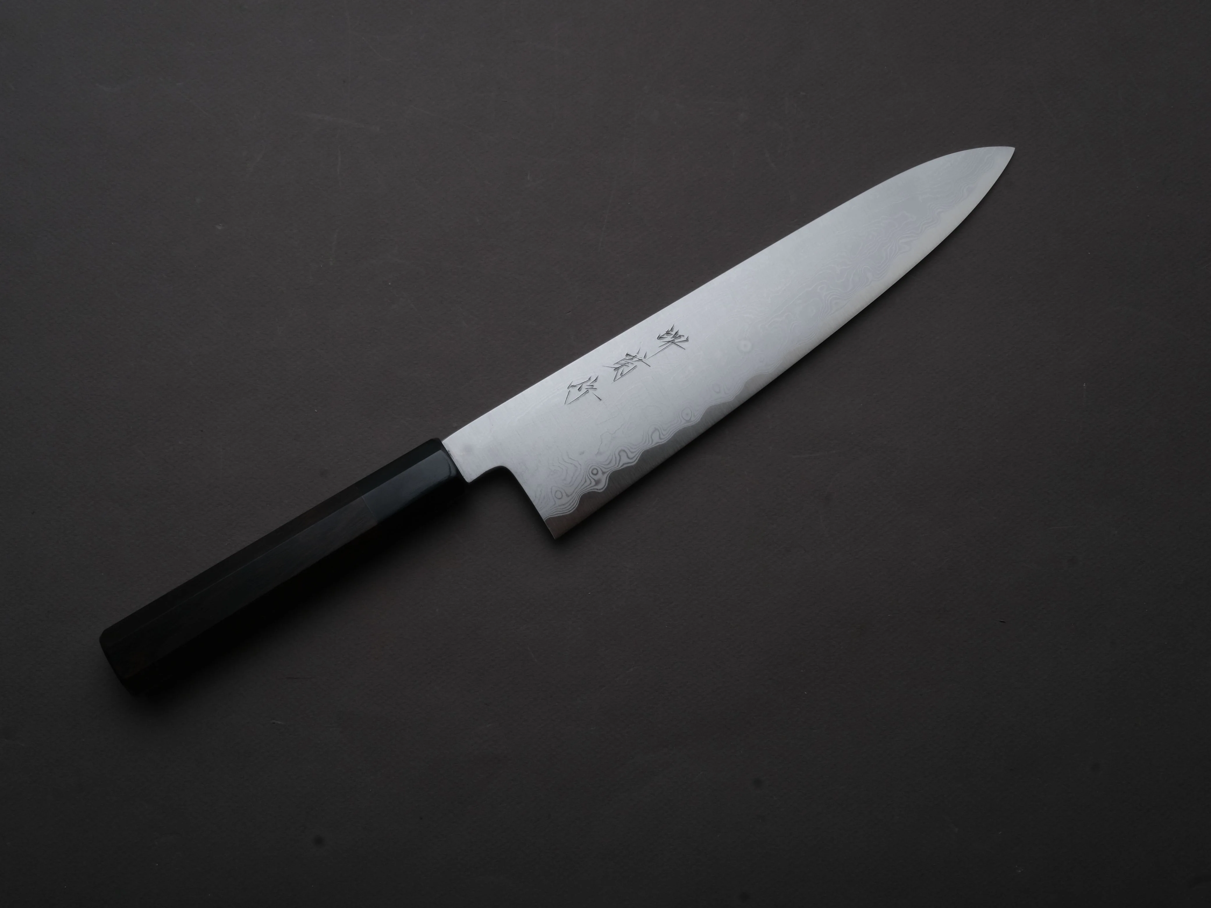 Sakai Kikumori - Nakagawa - Blue #1 Damascus - 240mm Gyuto - Ebony Handle