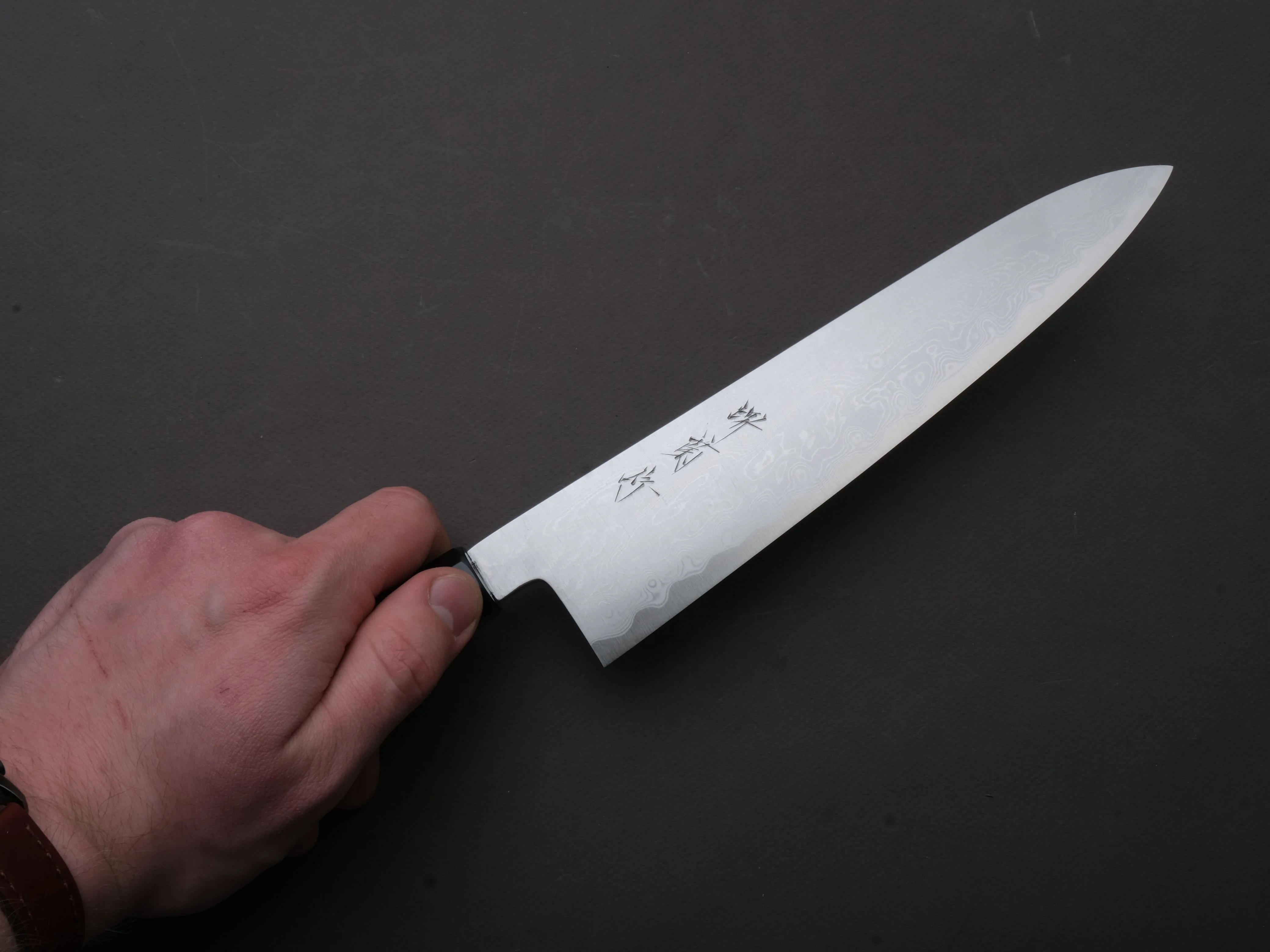 Sakai Kikumori - Nakagawa - Blue #1 Damascus - 240mm Gyuto - Ebony Handle - Image 3
