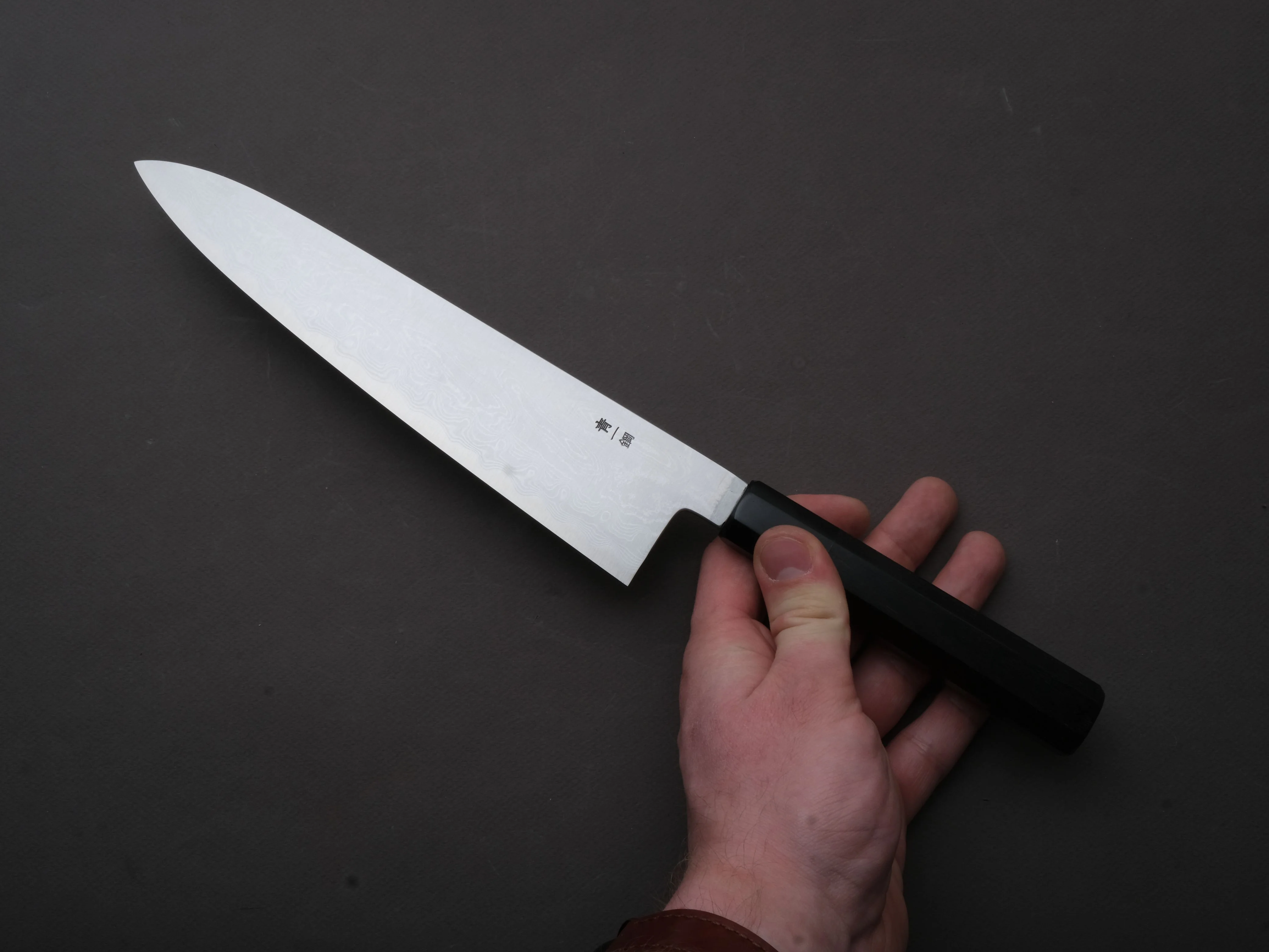 Sakai Kikumori - Nakagawa - Blue #1 Damascus - 240mm Gyuto - Ebony Handle - Image 4