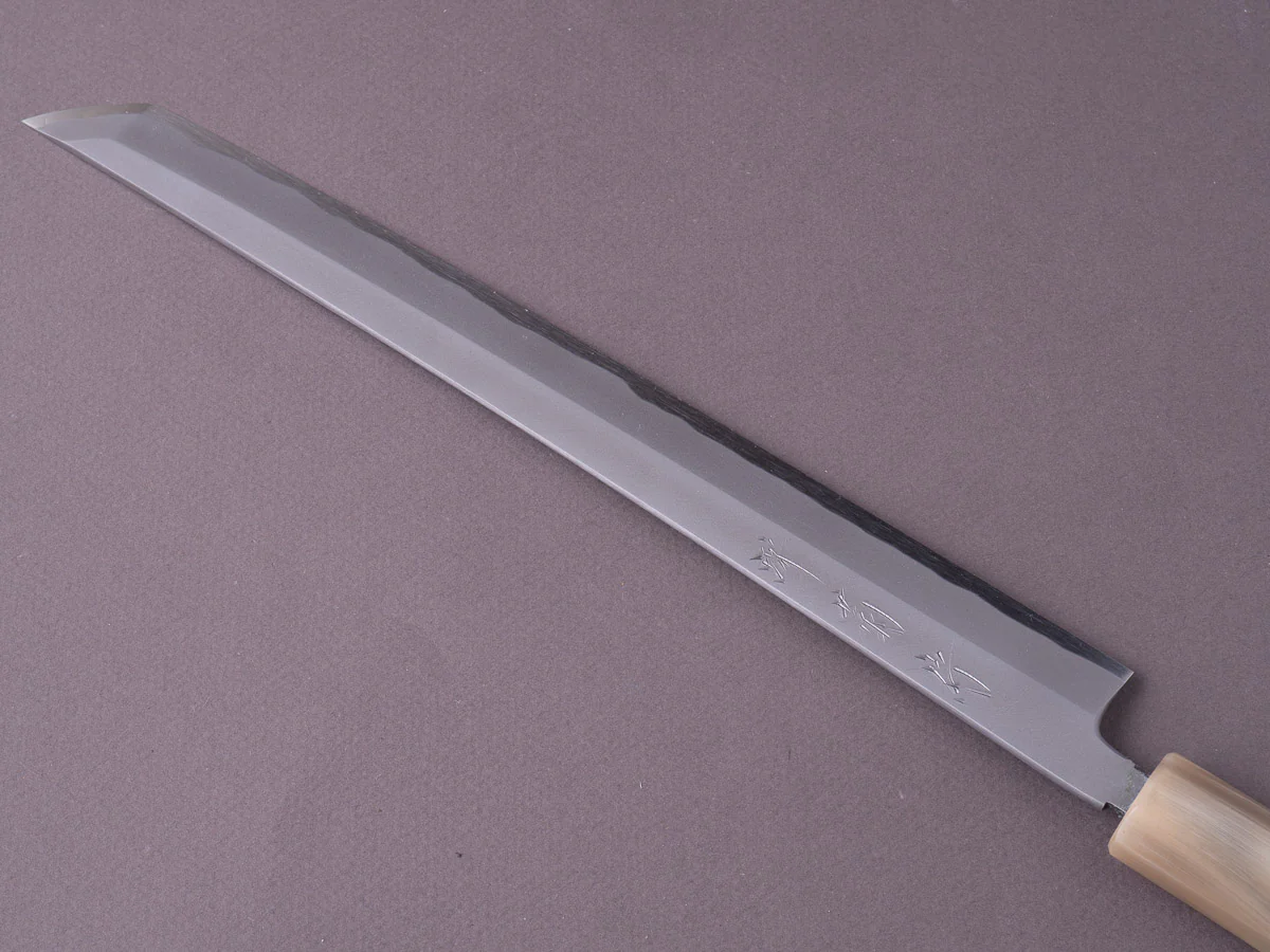 Sakai Kikumori - Super Blue - So-Bokashi - 270mm Sakimaru Takobiki - Rosewood & Blonde Horn Handle - Image 3