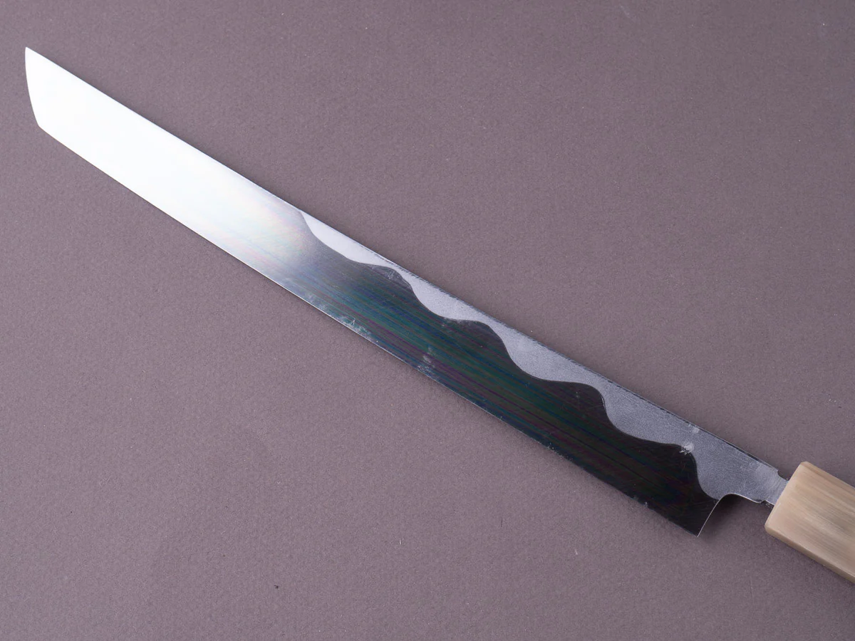 Sakai Kikumori - Super Blue - So-Bokashi - 270mm Sakimaru Takobiki - Rosewood & Blonde Horn Handle - Image 4