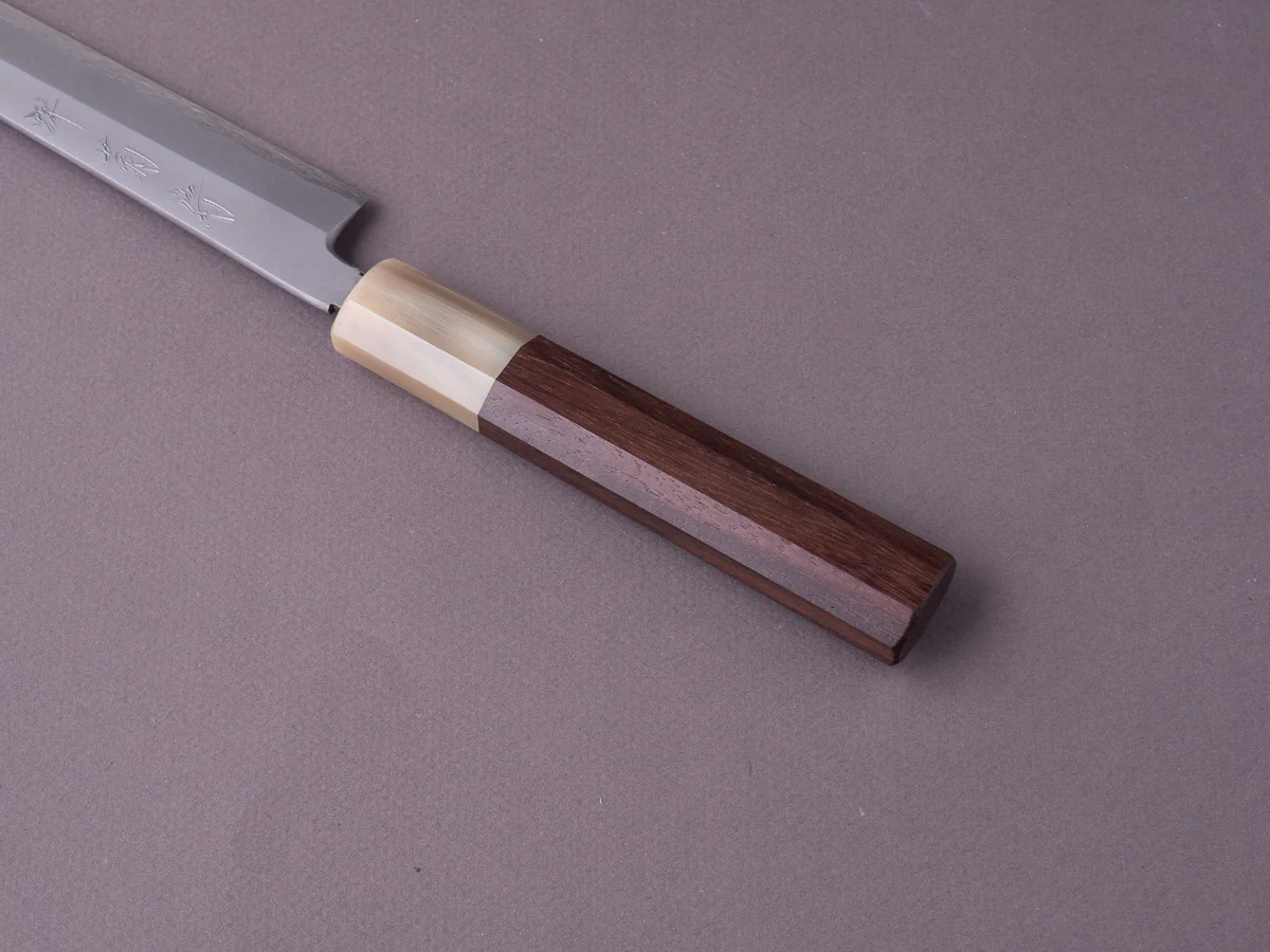 Sakai Kikumori - Super Blue - So-Bokashi - 270mm Sakimaru Takobiki - Rosewood & Blonde Horn Handle - Image 5