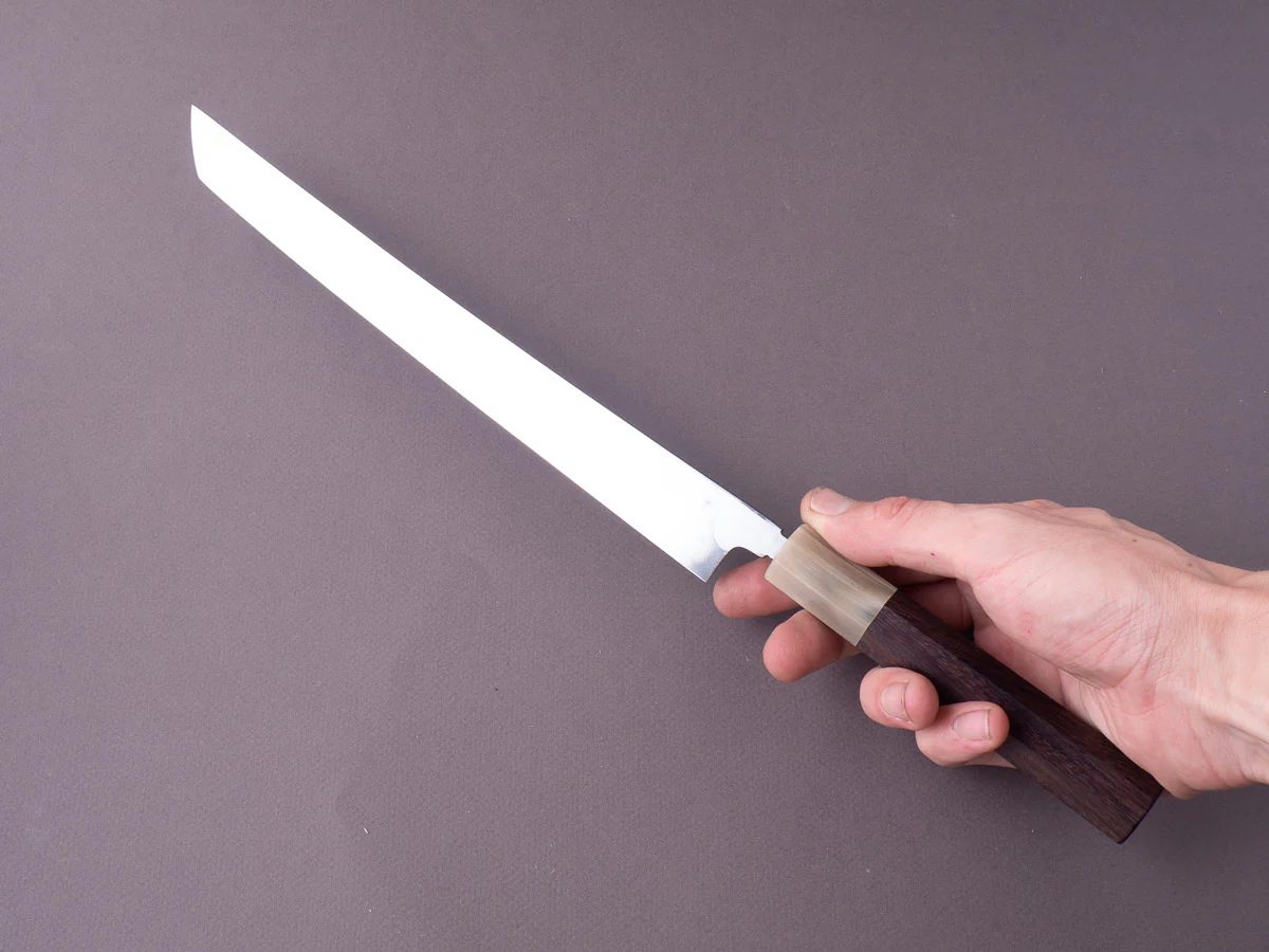 Sakai Kikumori - Super Blue - So-Bokashi - 270mm Sakimaru Takobiki - Rosewood & Blonde Horn Handle - Image 6