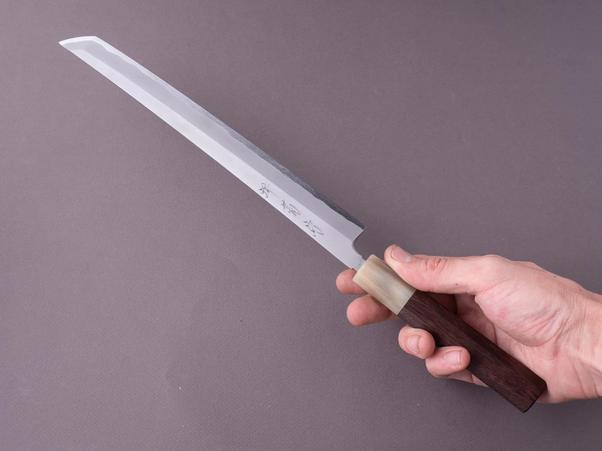 Sakai Kikumori - Super Blue - So-Bokashi - 270mm Sakimaru Takobiki - Rosewood & Blonde Horn Handle - Image 7