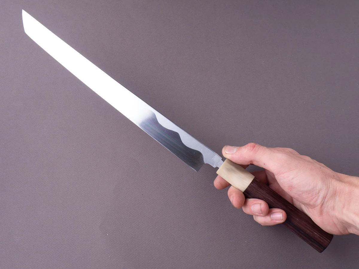 Sakai Kikumori - Super Blue - Kasumi - 300mm Sakimaru Takobiki - Rosewood & Blonde Horn Handle - Image 6
