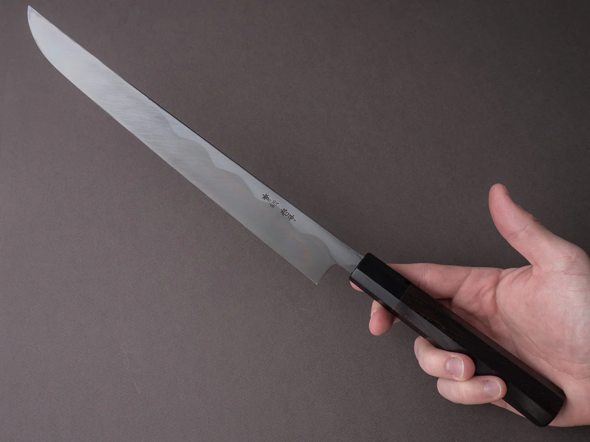 Sakai Kikumori - Blue #1 - 300mm Saber Yanagiba - Ebony Handle - Mirror Finish - Image 6