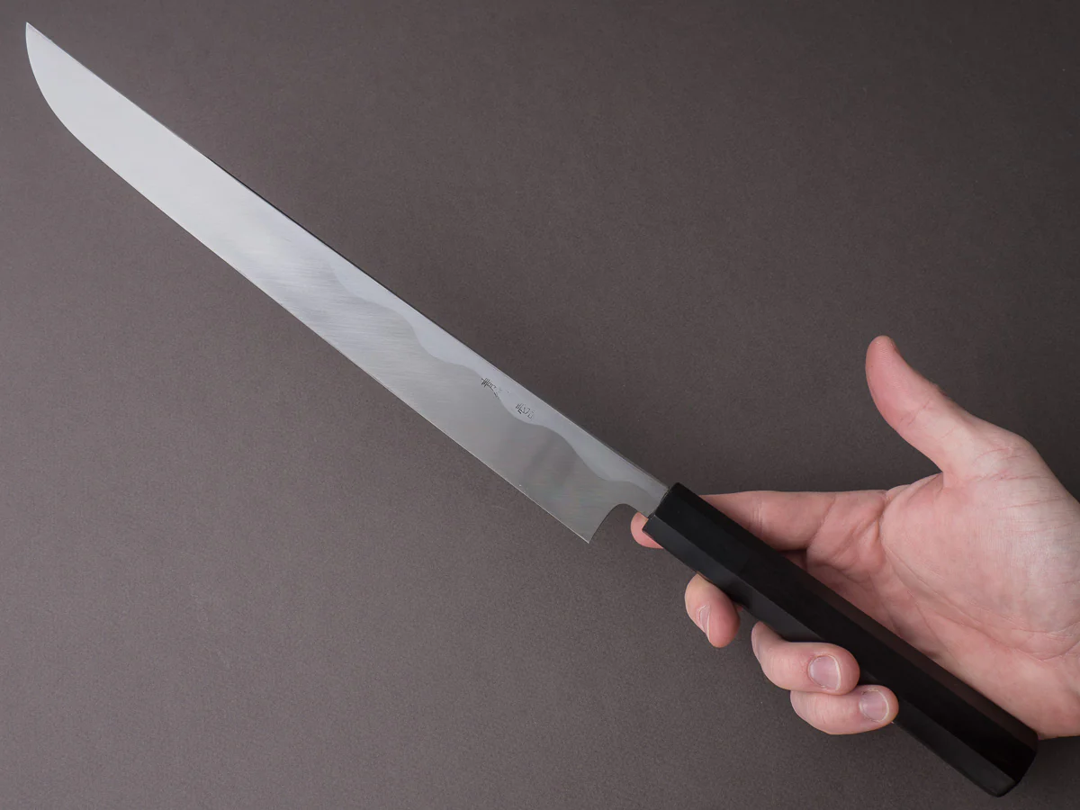 Sakai Kikumori - Blue #1 - 330mm Saber Yanagiba - Ebony Handle - Mirror Finish - Image 6