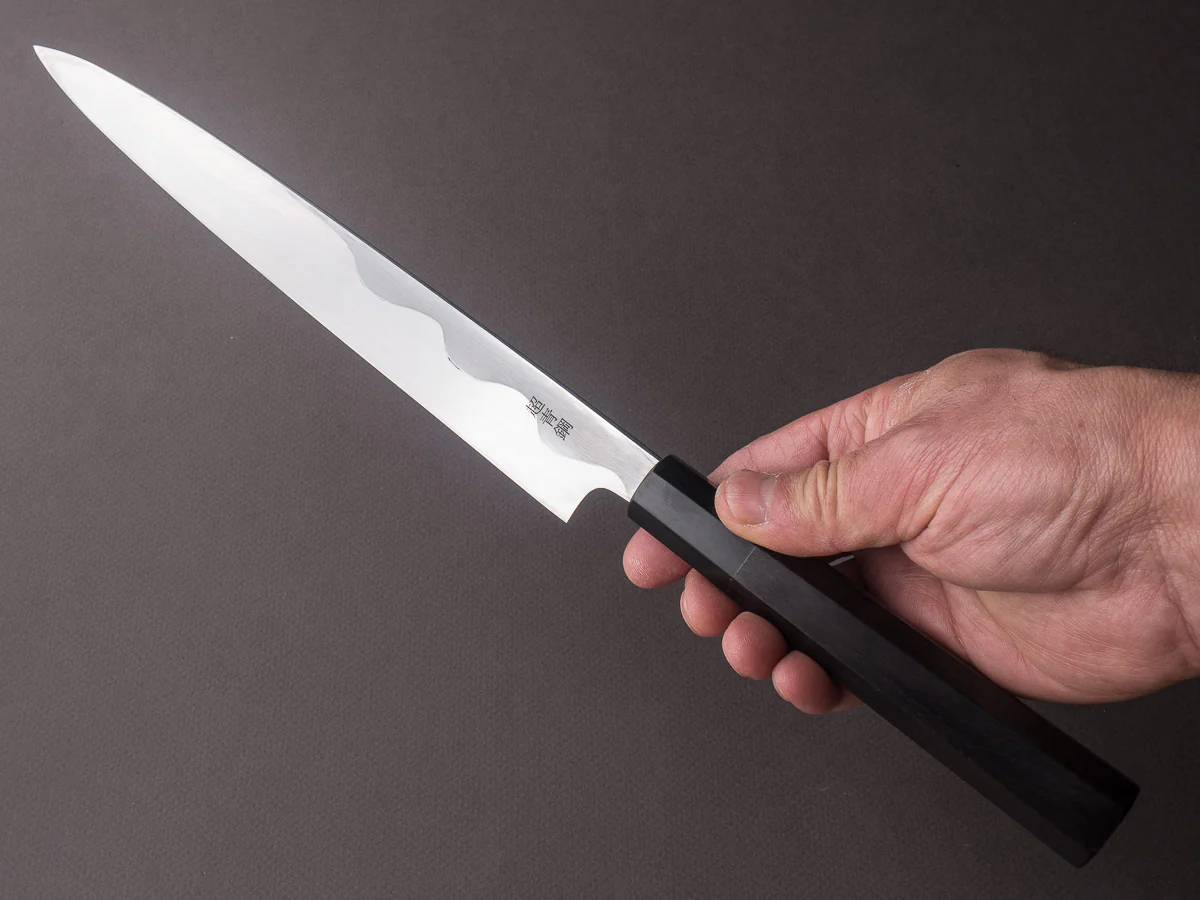 Sakai Kikumori - Tanaka - Super Blue - 240mm Yanagiba - Ebony Handle - Mirror Finish - Image 9