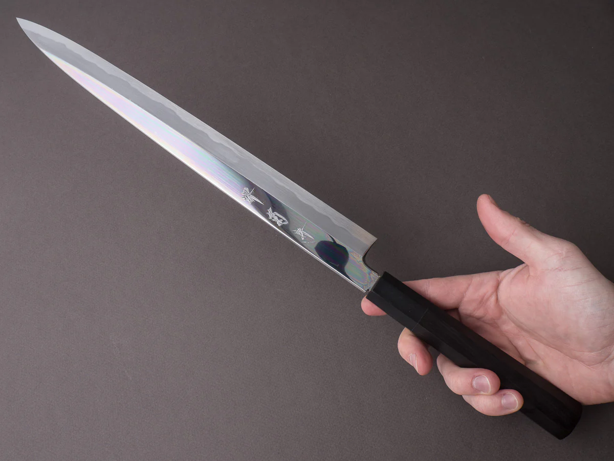 Sakai Kikumori - Tanaka - Super Blue - 330mm Yanagiba - Ebony Handle - Mirror Finish - Image 7