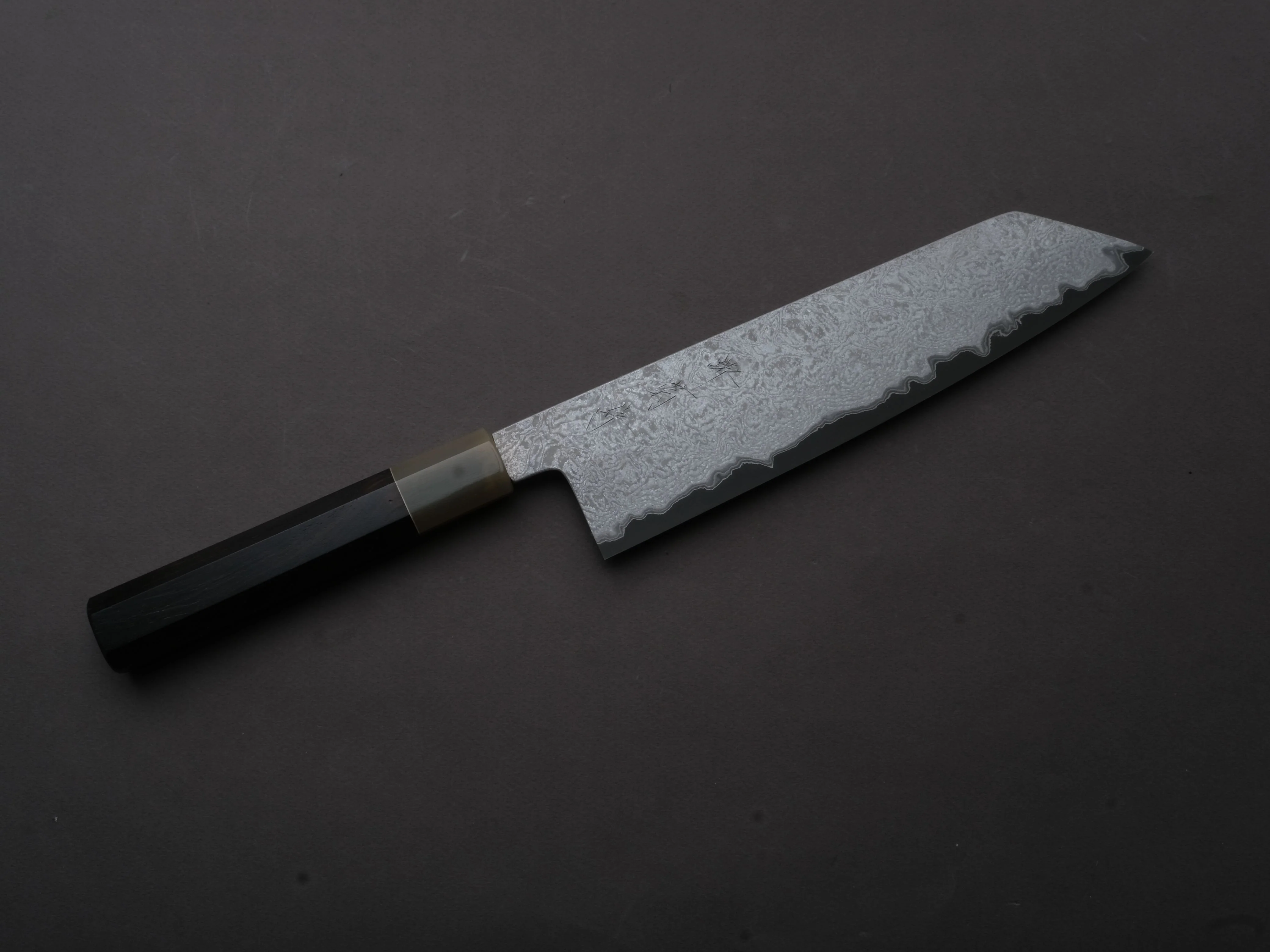 Sakai Kikumori - YOGIRI - Super Blue - Stainless Clad - Forced Patina - Kiritsuke Gyuto - 225mm - Ebony Handle