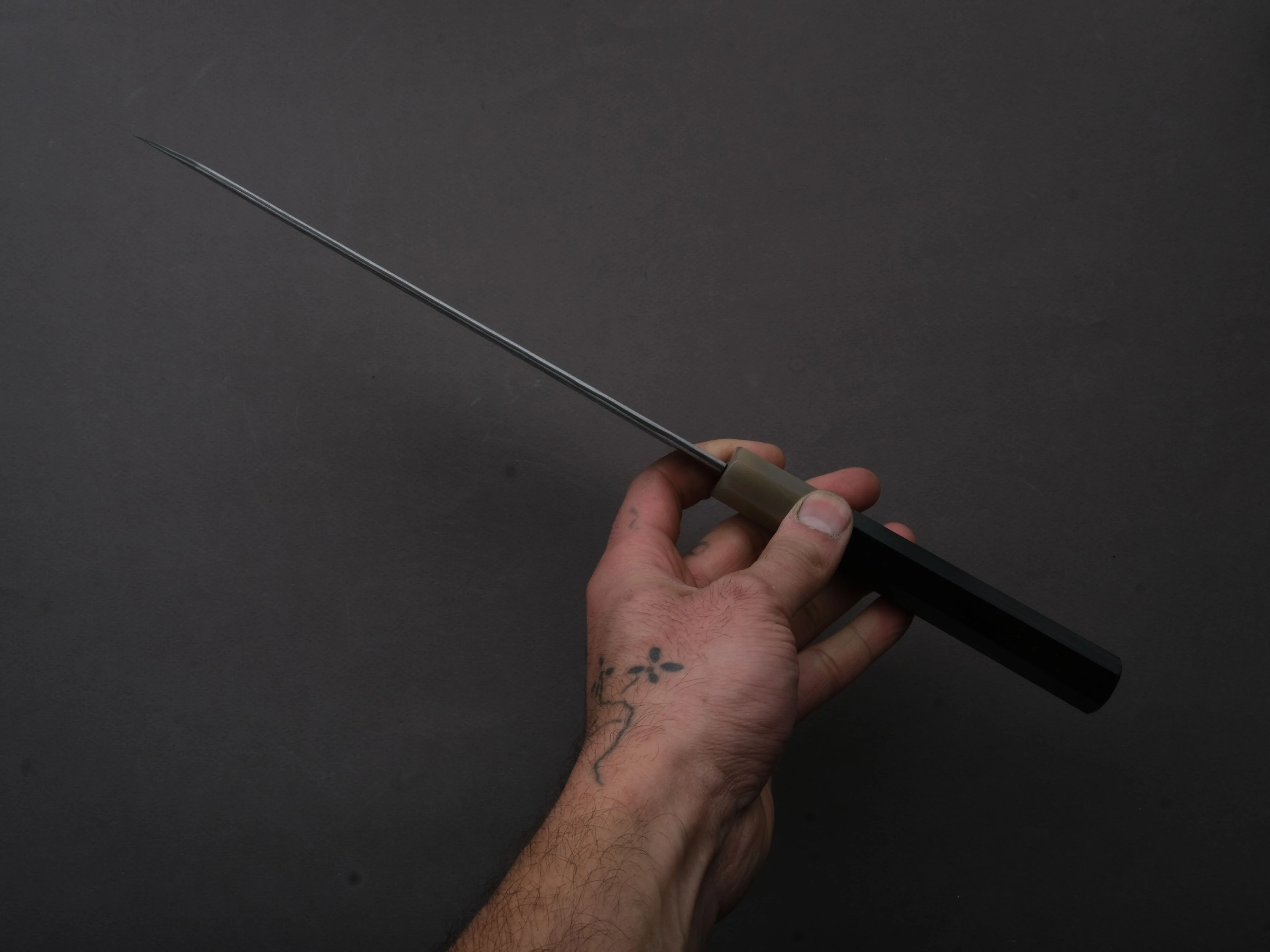 Sakai Kikumori - YOGIRI - Super Blue - Stainless Clad - Forced Patina - Kiritsuke Gyuto - 225mm - Ebony Handle - Image 6