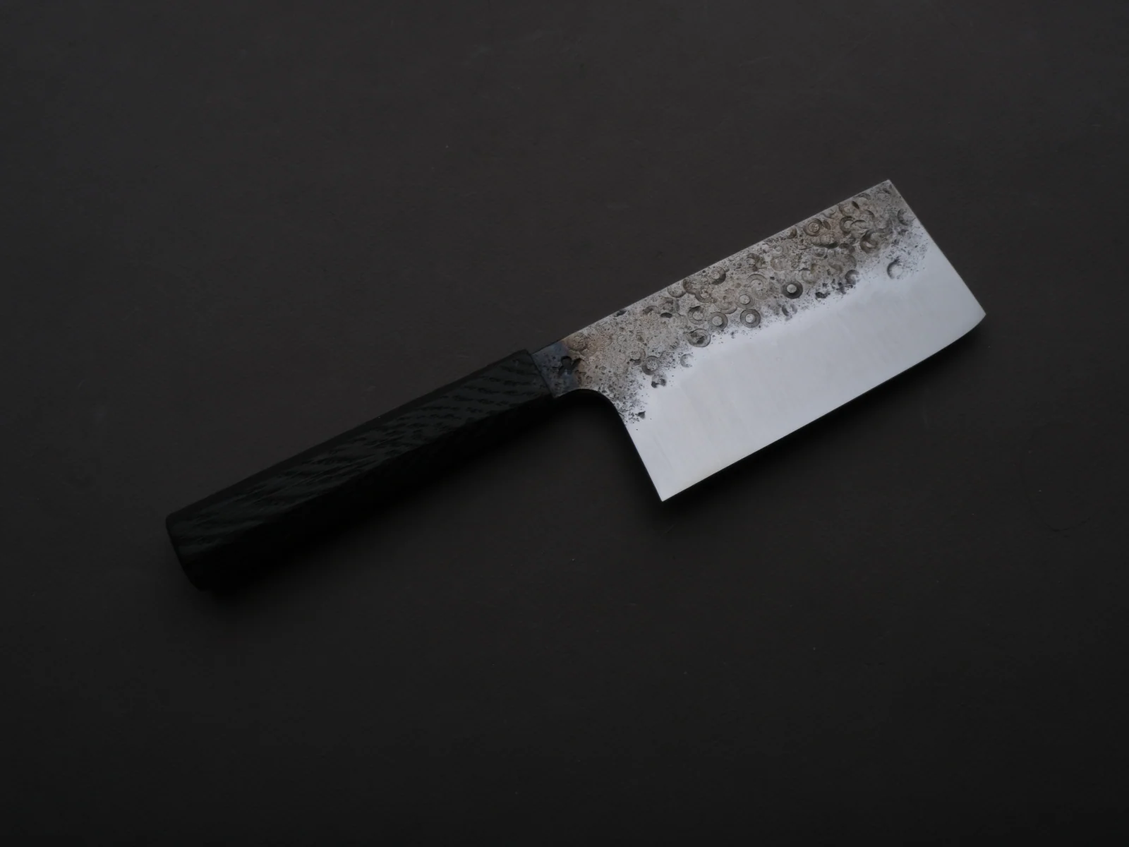 Soma - 80CrV2 Carbon - Kurouchi - 130mm Extra Height Nakiri - Charred Oak Handle
