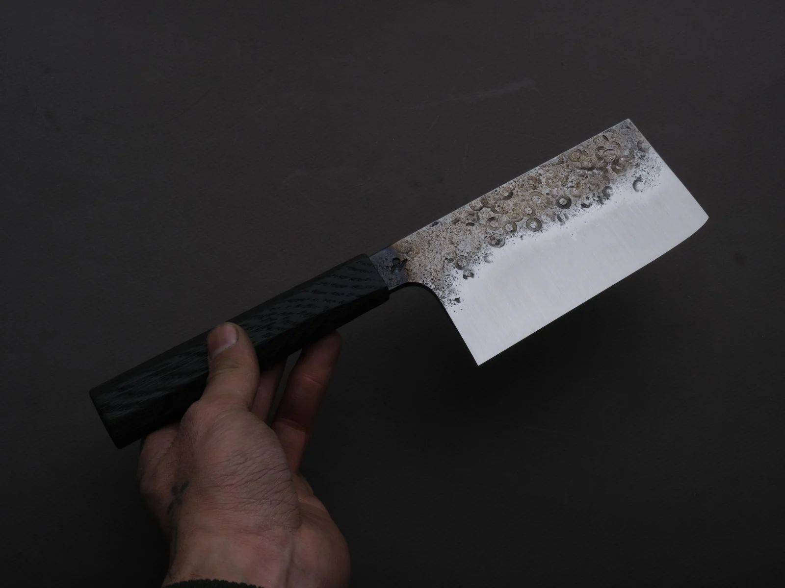 Soma - 80CrV2 Carbon - Kurouchi - 130mm Extra Height Nakiri - Charred Oak Handle - Image 2