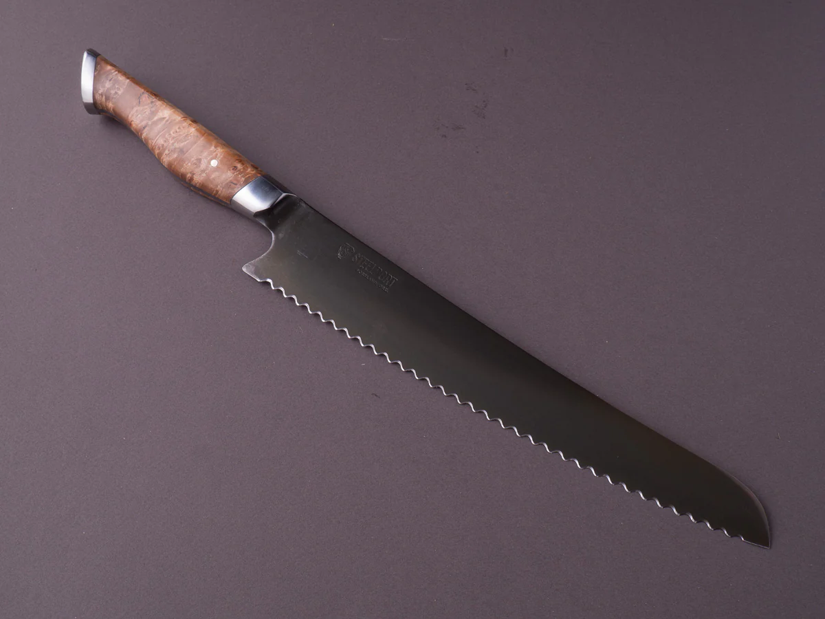 STEELPORT Knife Co. - 52100 Differentially Hardened - 10" Bread Knife - Integral Bolster Maple Burl Handle