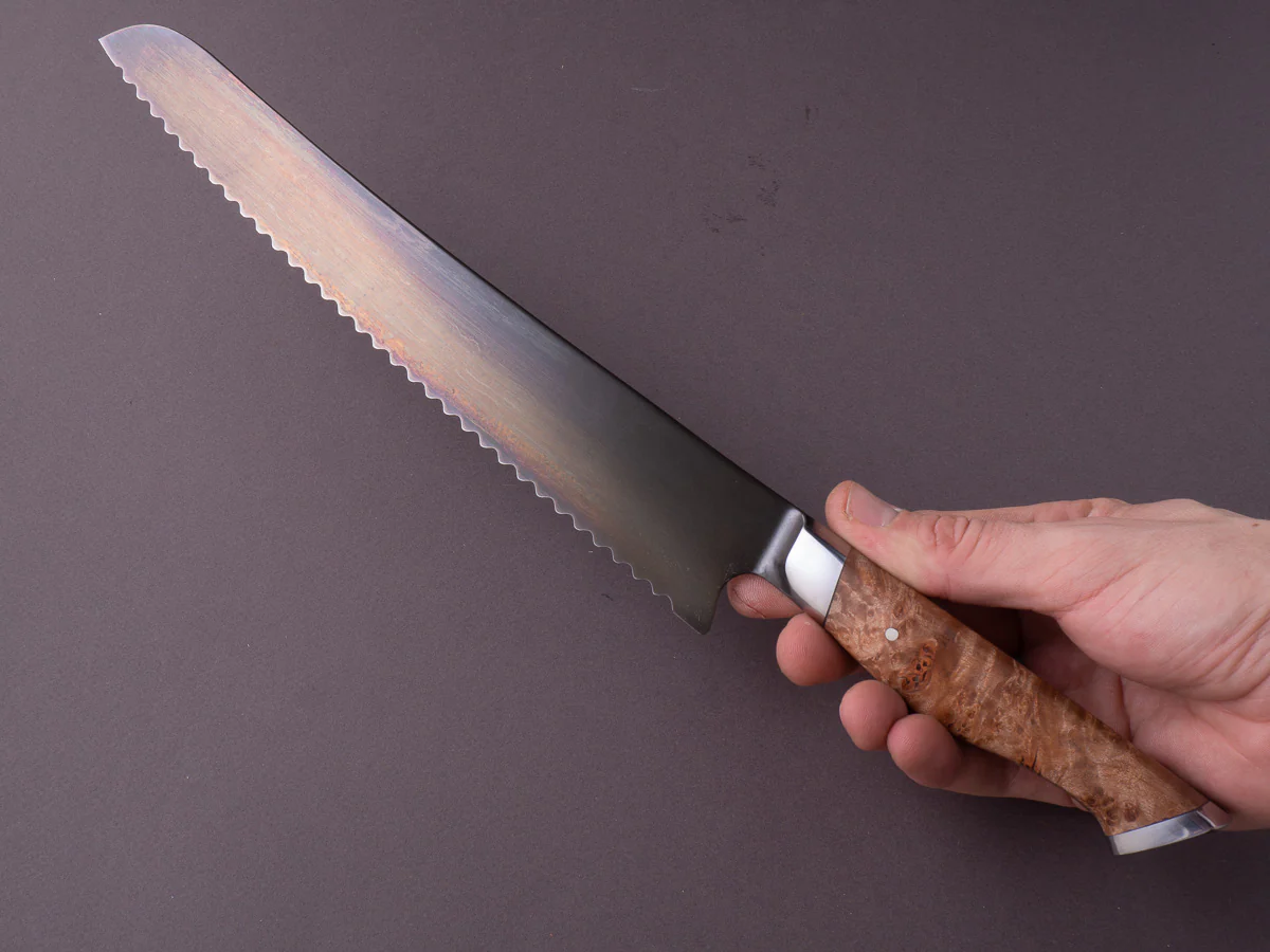 STEELPORT Knife Co. - 52100 Differentially Hardened - 10" Bread Knife - Integral Bolster Maple Burl Handle - Image 4