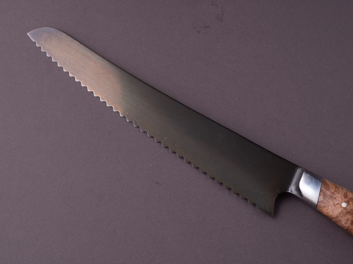 STEELPORT Knife Co. - 52100 Differentially Hardened - 10" Bread Knife - Integral Bolster Maple Burl Handle - Image 5