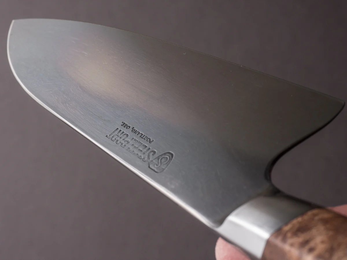 STEELPORT Knife Co. - 52100 Differentially Hardened - 6" Chef Knife - Integral Bolster Maple Burl Handle - Image 10