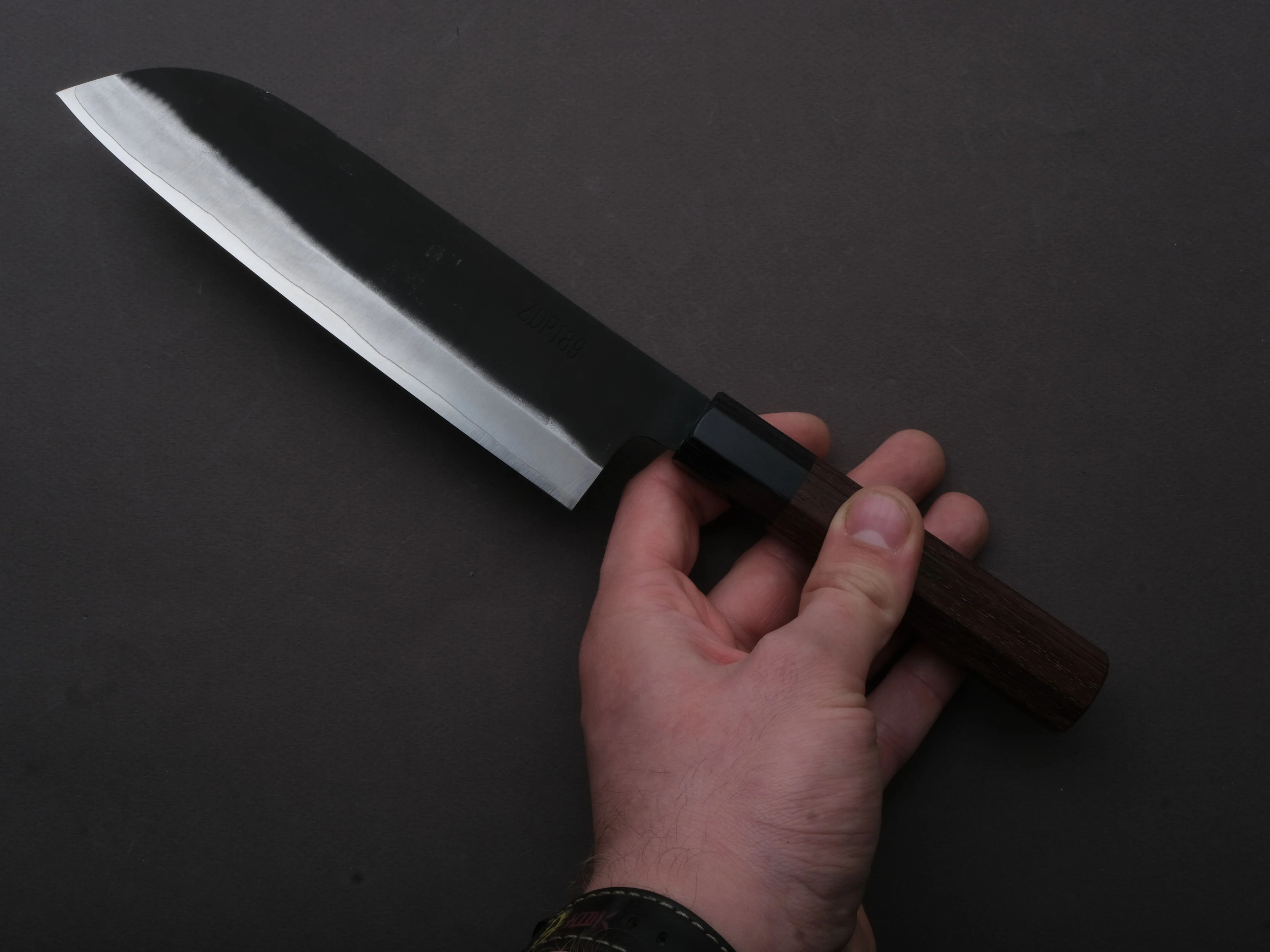 Yoshida Hamono - ZDP189 - Kurouchi - Santoku - 180mm - Rosewood Handle - Image 4