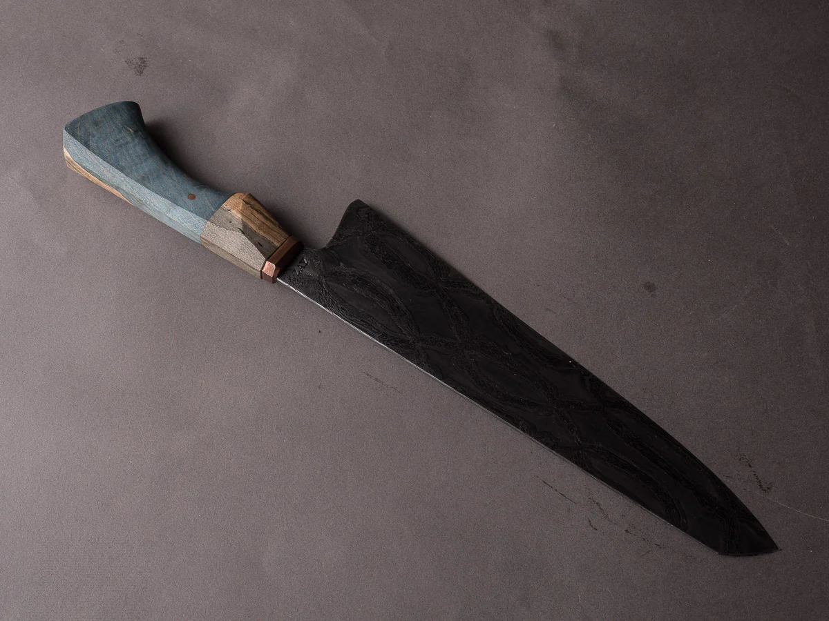 Zay Knives - 1084/15n20 Carbon Mosaic Damascus - 10" Chef Knife - Copper Bolster, Grey Dyed Maple, & Blue Dyed Maple Handle - Image 3