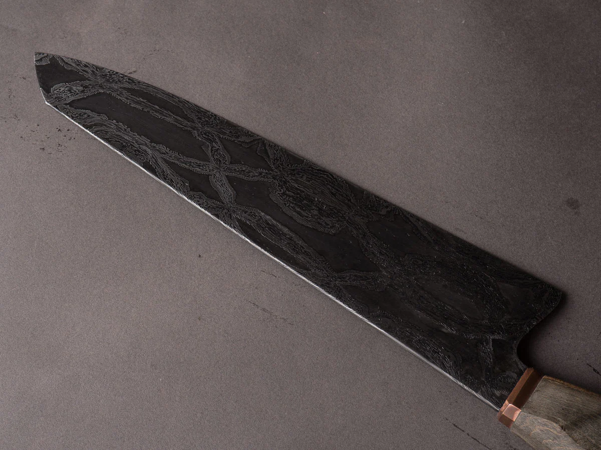 Zay Knives - 1084/15n20 Carbon Mosaic Damascus - 10" Chef Knife - Copper Bolster, Grey Dyed Maple, & Blue Dyed Maple Handle - Image 4