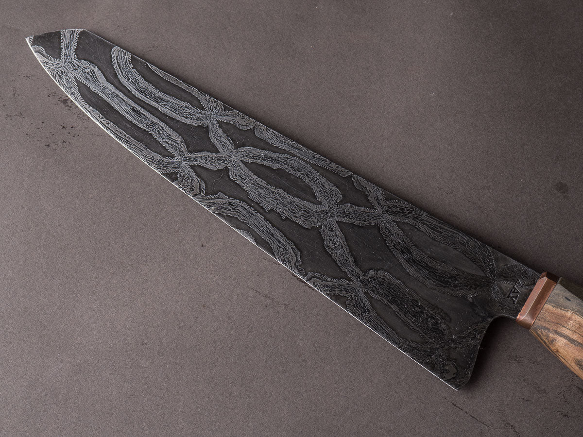 Zay Knives - 1084/15n20 Carbon Mosaic Damascus - 10" Chef Knife - Copper Bolster, Grey Dyed Maple, & Blue Dyed Maple Handle - Image 5