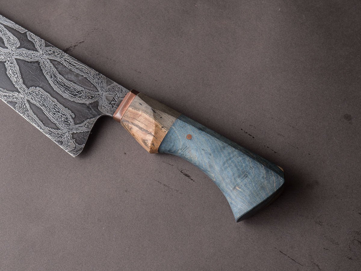 Zay Knives - 1084/15n20 Carbon Mosaic Damascus - 10" Chef Knife - Copper Bolster, Grey Dyed Maple, & Blue Dyed Maple Handle - Image 6
