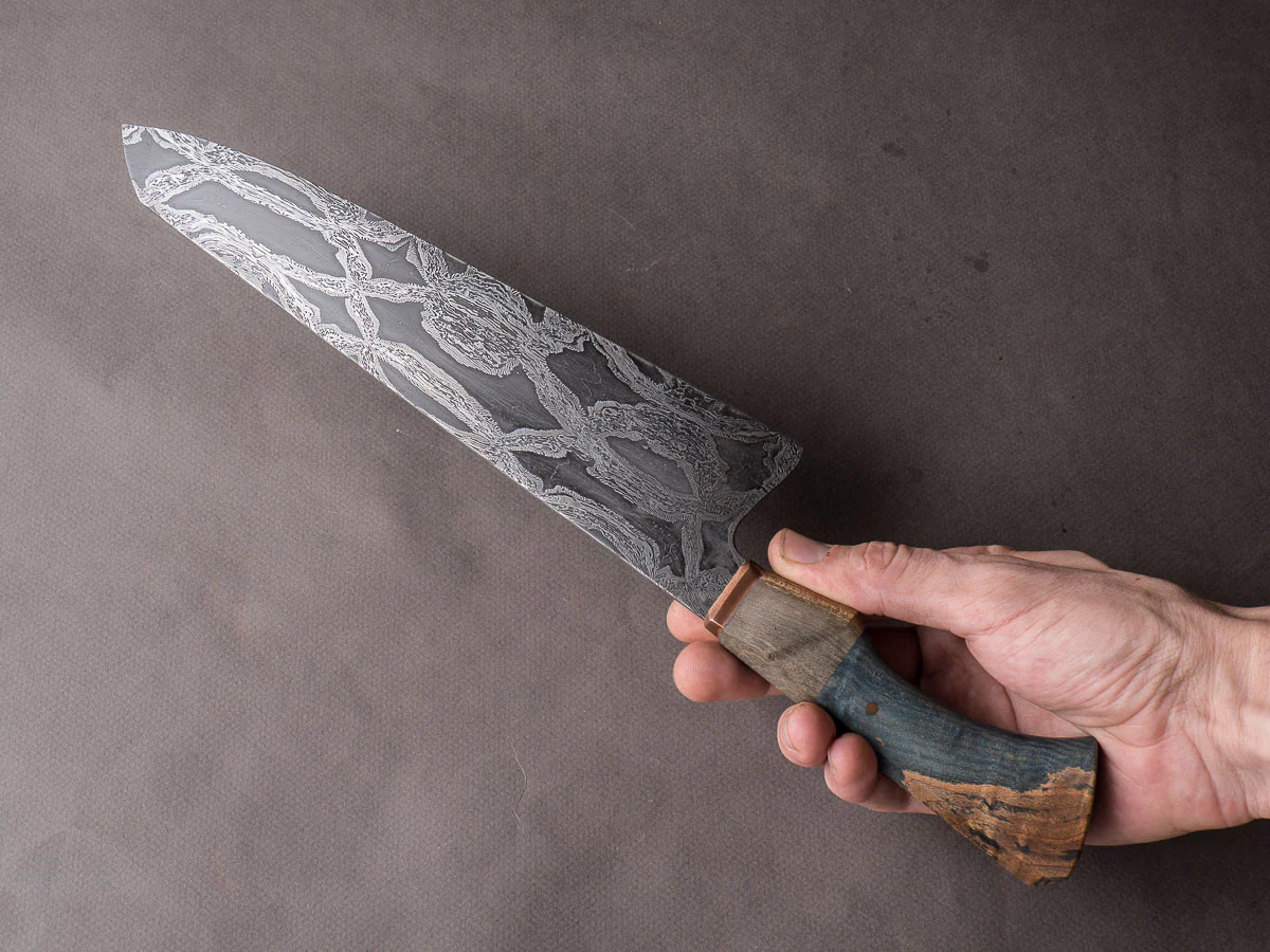 Zay Knives - 1084/15n20 Carbon Mosaic Damascus - 10" Chef Knife - Copper Bolster, Grey Dyed Maple, & Blue Dyed Maple Handle - Image 8