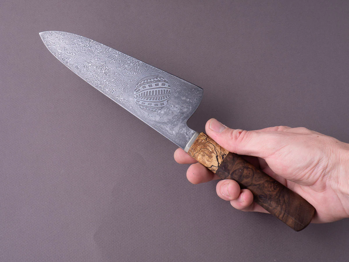Zay Knives - 1084 & 15N20 Coreless Damascus - 180mm Chef Knife w/ Jason Morrissey Mosaic Plug - Maple & Walnut Handle - Image 10