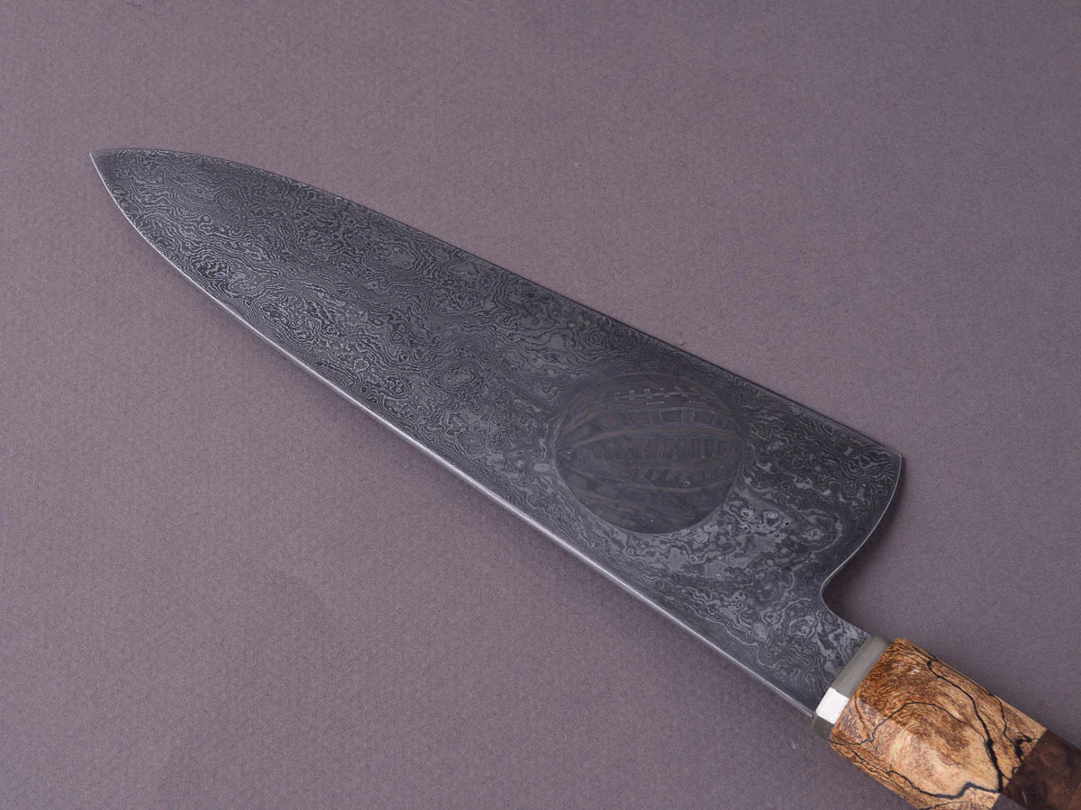 Zay Knives - 1084 & 15N20 Coreless Damascus - 180mm Chef Knife w/ Jason Morrissey Mosaic Plug - Maple & Walnut Handle - Image 3