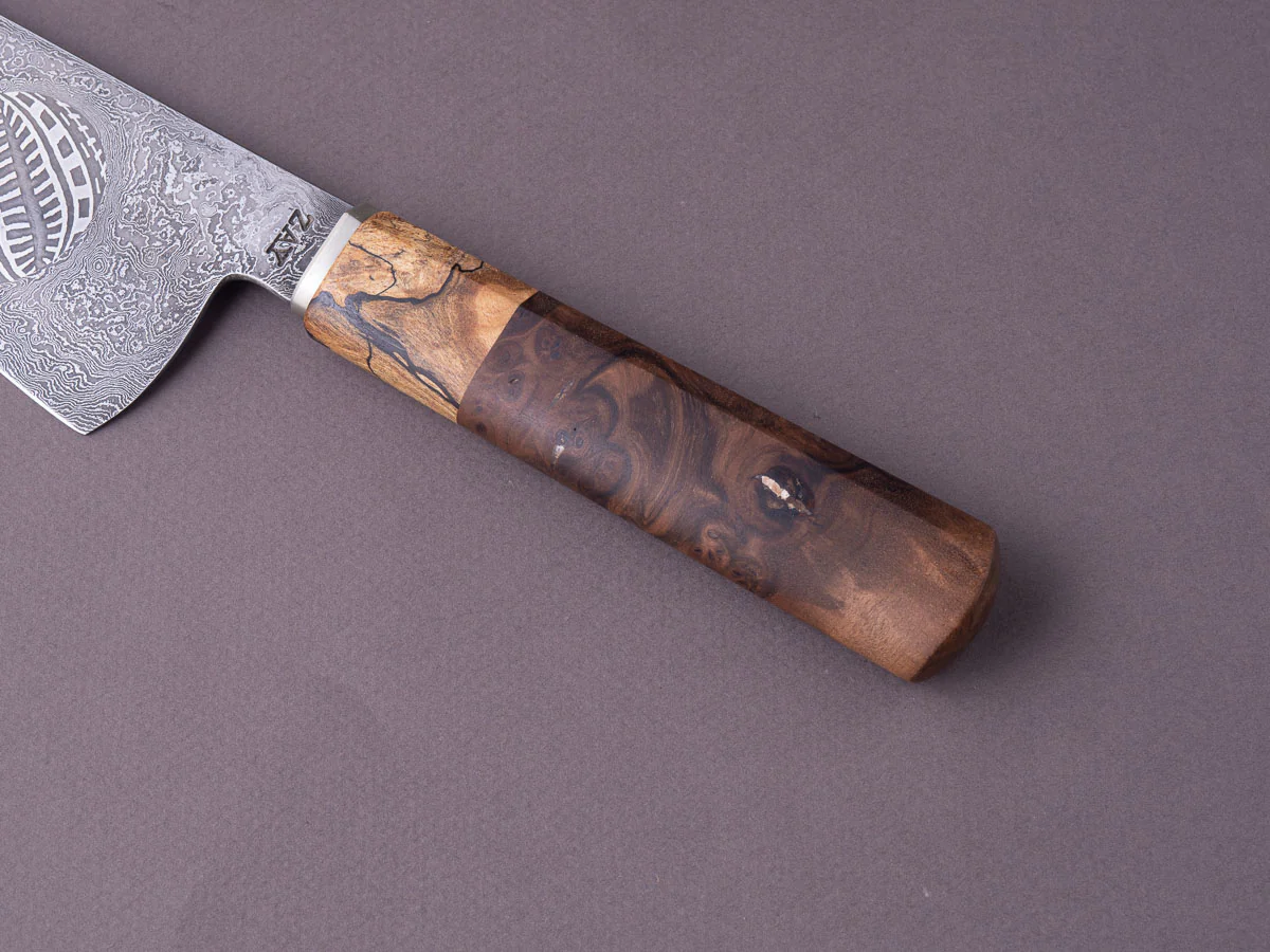 Zay Knives - 1084 & 15N20 Coreless Damascus - 180mm Chef Knife w/ Jason Morrissey Mosaic Plug - Maple & Walnut Handle - Image 5