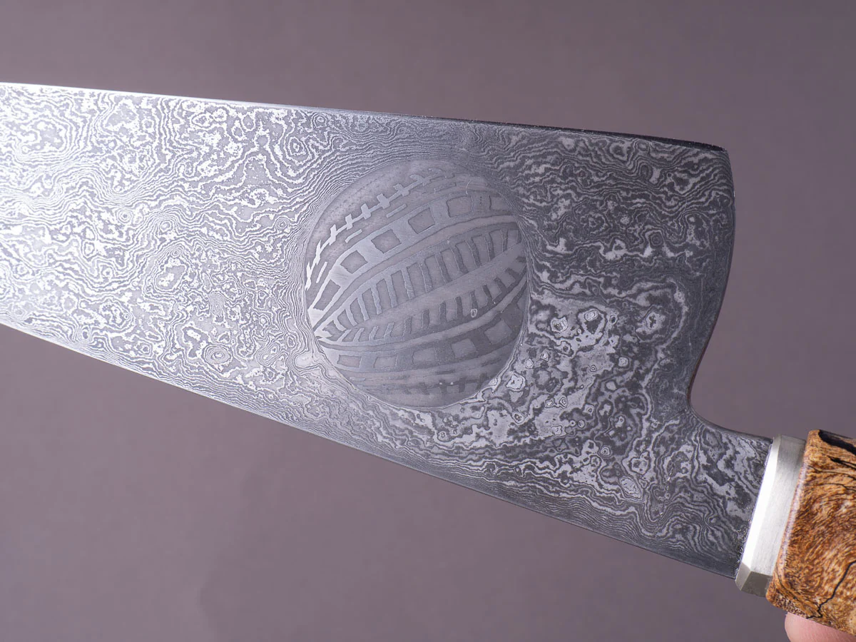 Zay Knives - 1084 & 15N20 Coreless Damascus - 180mm Chef Knife w/ Jason Morrissey Mosaic Plug - Maple & Walnut Handle - Image 7