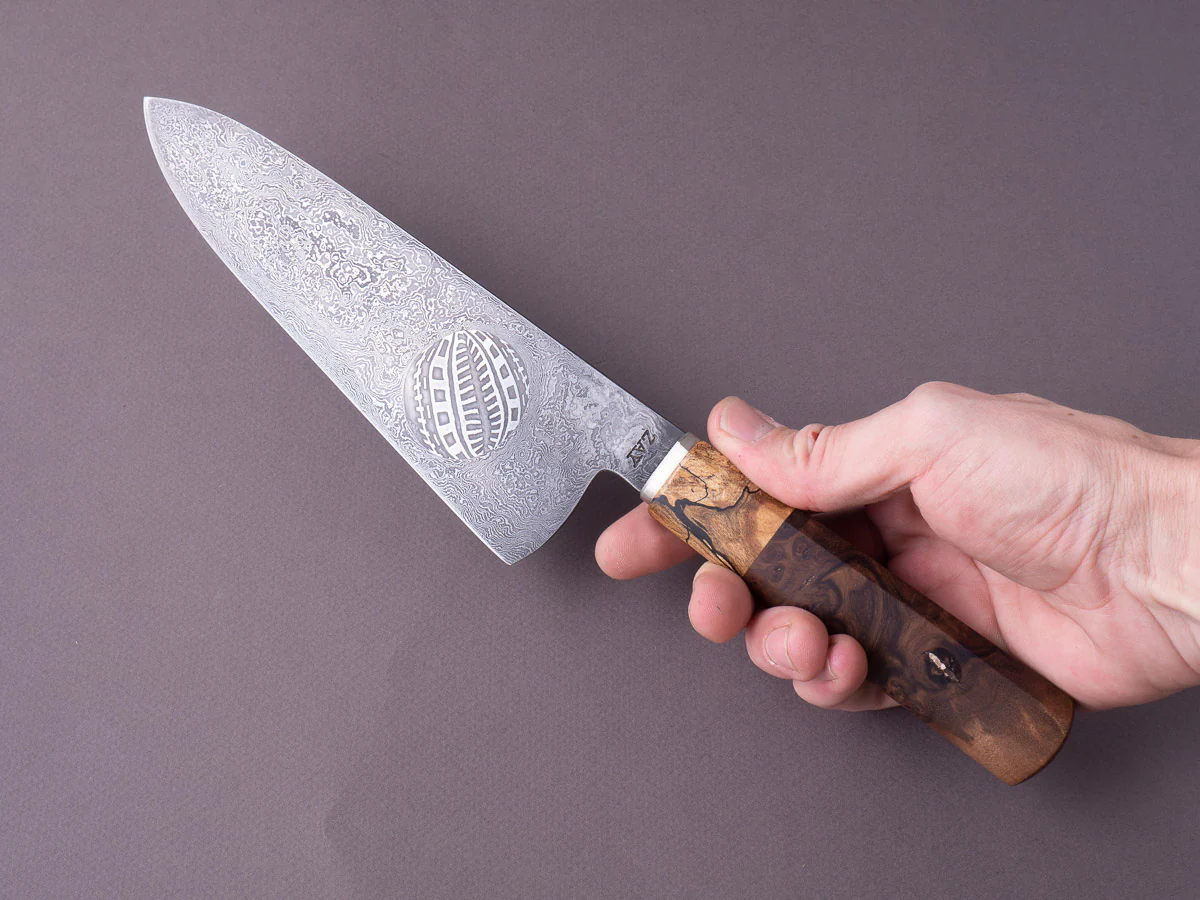 Zay Knives - 1084 & 15N20 Coreless Damascus - 180mm Chef Knife w/ Jason Morrissey Mosaic Plug - Maple & Walnut Handle - Image 9