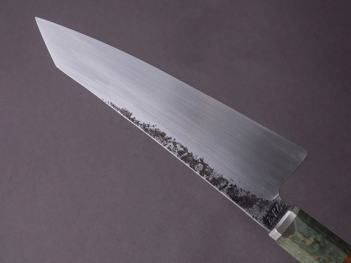 Zay Knives - 1084 Carbon - 160mm Honesuki - Dyed & Stabilized Curly Maple Handle - Image 3