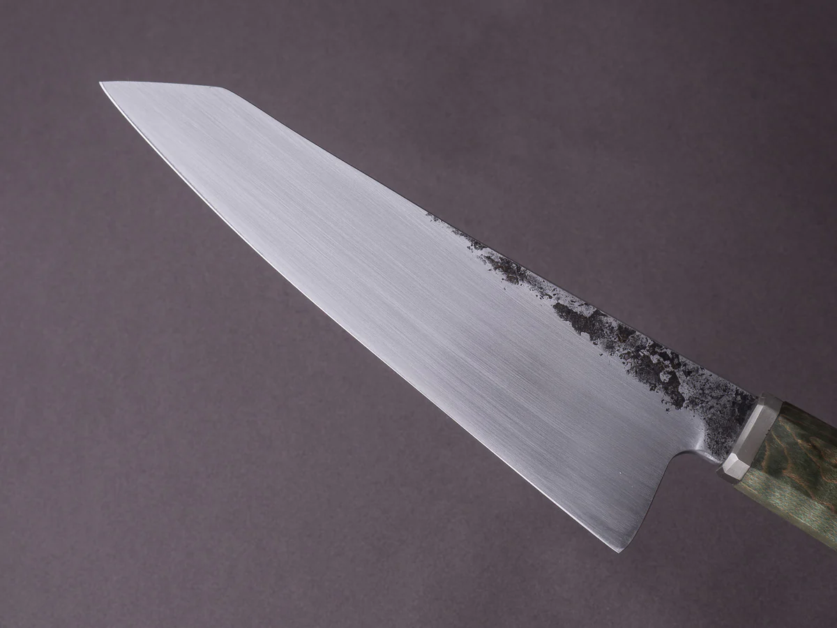 Zay Knives - 1084 Carbon - 160mm Honesuki - Dyed & Stabilized Curly Maple Handle - Image 4