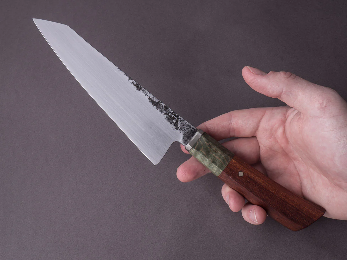 Zay Knives - 1084 Carbon - 160mm Honesuki - Dyed & Stabilized Curly Maple Handle - Image 6