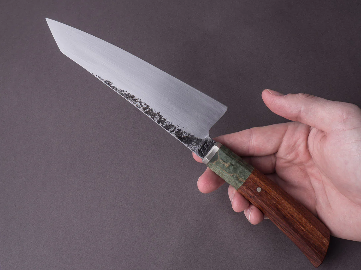 Zay Knives - 1084 Carbon - 160mm Honesuki - Dyed & Stabilized Curly Maple Handle - Image 7