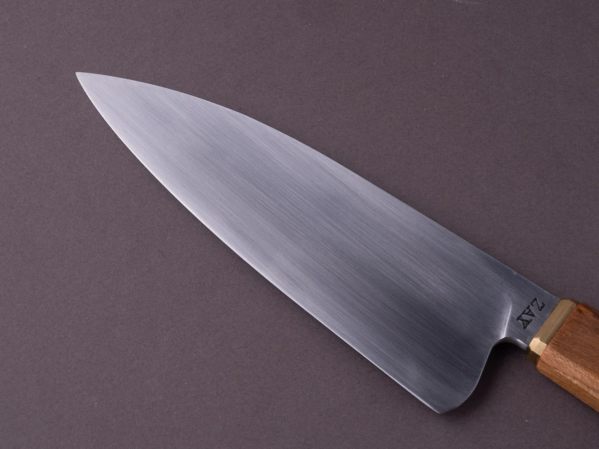 Zay Knives - 1084 Carbon - 165mm Chef - Brass Bolster, Maple & Walnut Handle - Image 4
