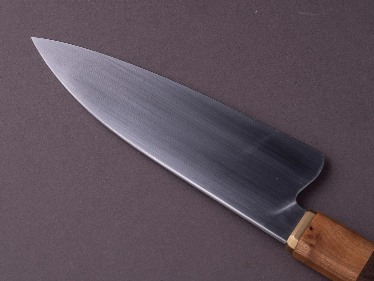 Zay Knives - 1084 Carbon - 165mm Chef - Brass Bolster, Maple & Walnut Handle - Image 5