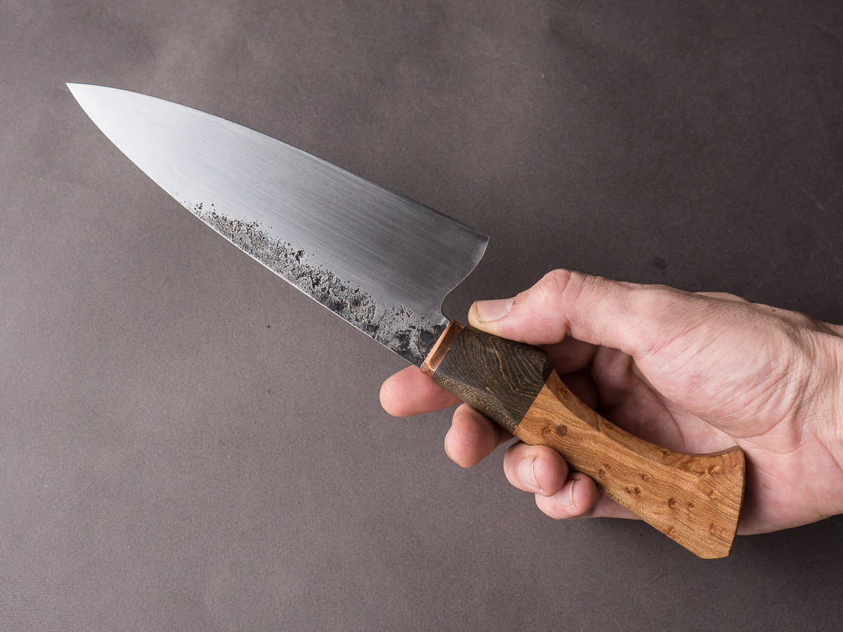 Zay Knives - 1084 Carbon - Chef Knife - Copper Bolster, Black Dyed Maple, & Birdseye Maple Handle - Image 10