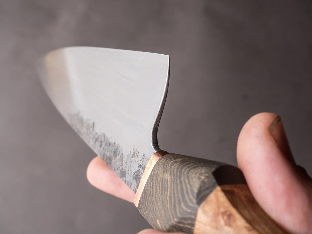 Zay Knives - 1084 Carbon - Chef Knife - Copper Bolster, Black Dyed Maple, & Birdseye Maple Handle - Image 3