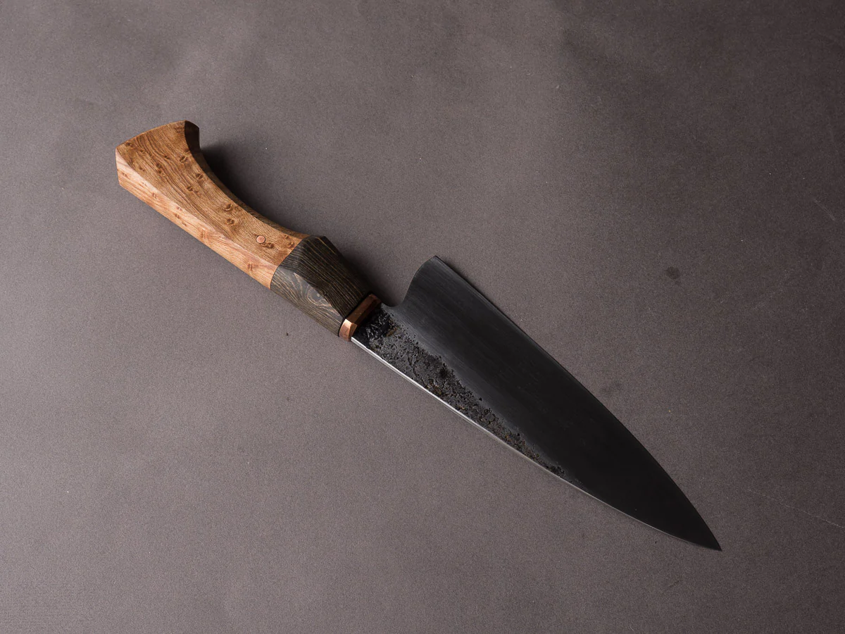 Zay Knives - 1084 Carbon - Chef Knife - Copper Bolster, Black Dyed Maple, & Birdseye Maple Handle - Image 5