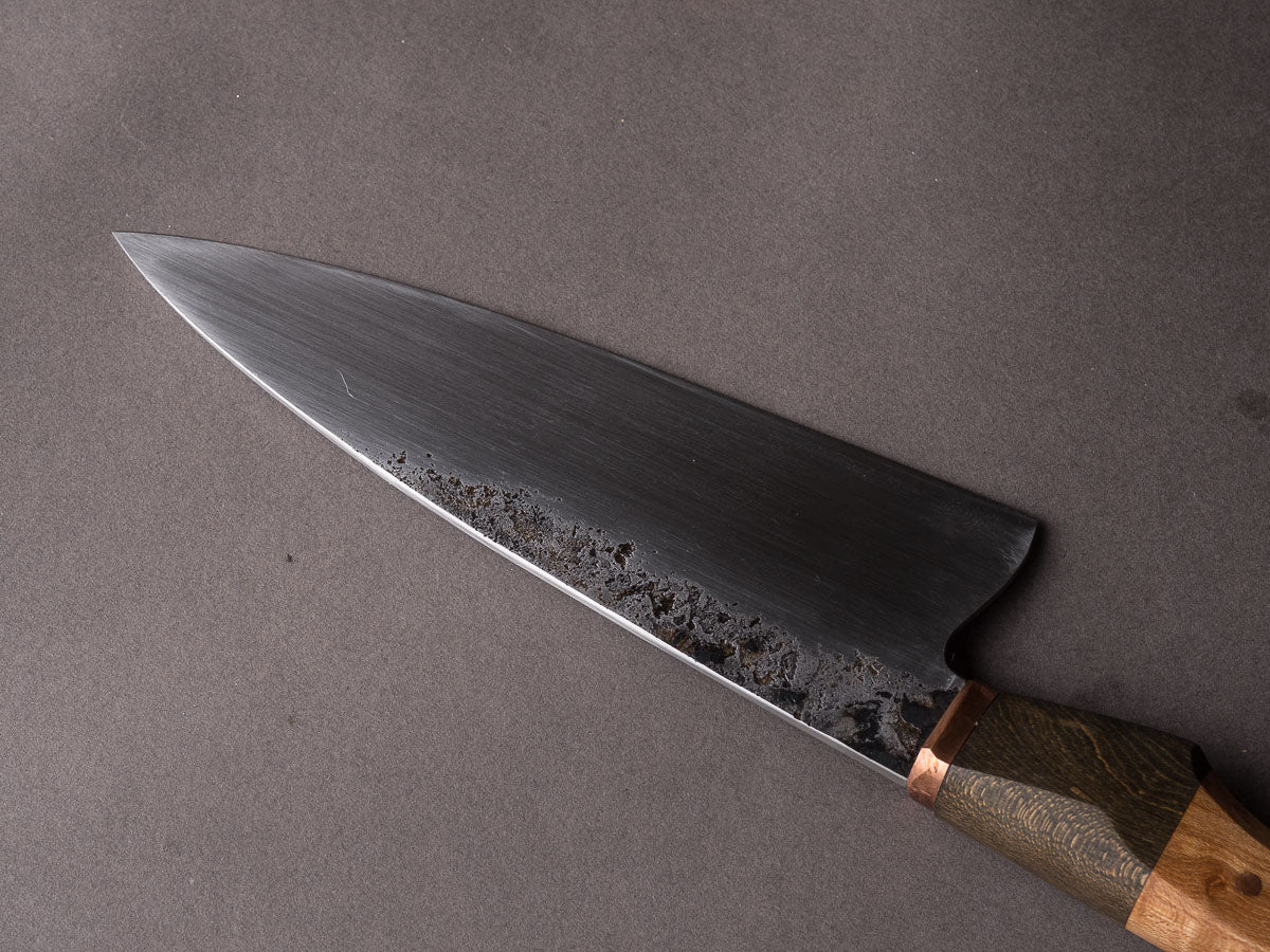 Zay Knives - 1084 Carbon - Chef Knife - Copper Bolster, Black Dyed Maple, & Birdseye Maple Handle - Image 6